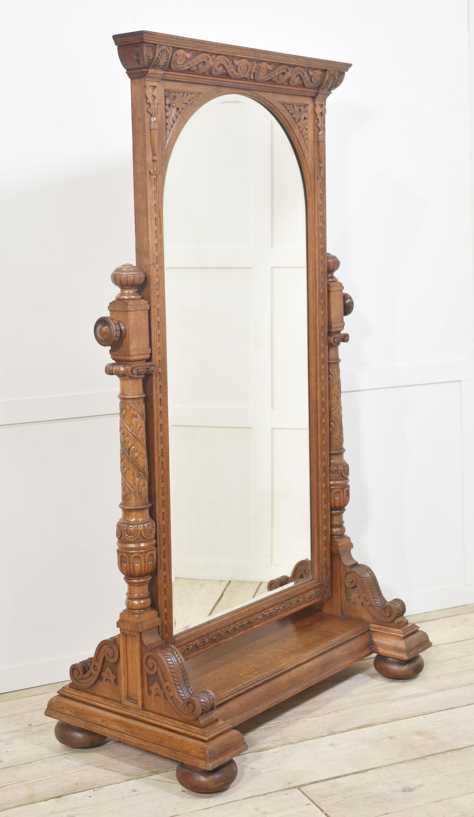 Oak Carved oak cheval mirror For Sale
