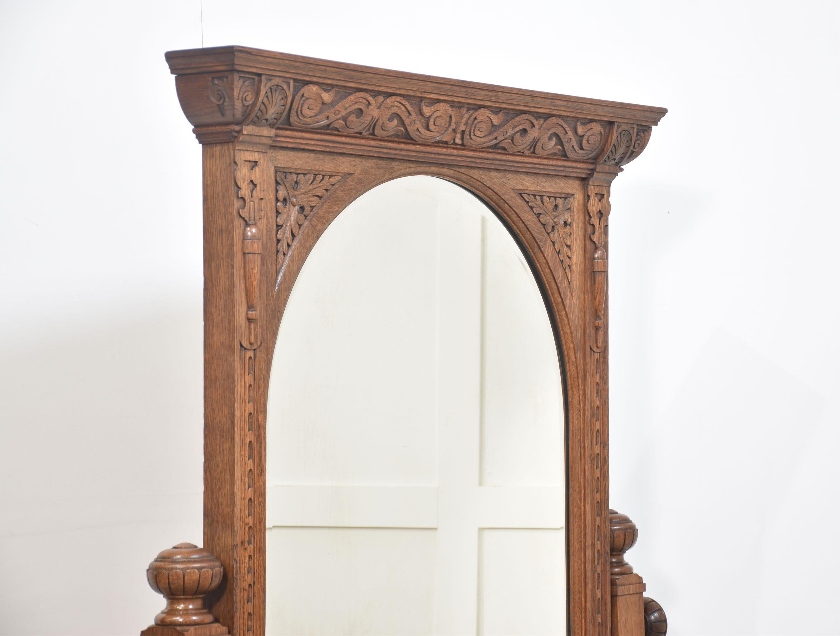 Carved oak cheval mirror For Sale 1