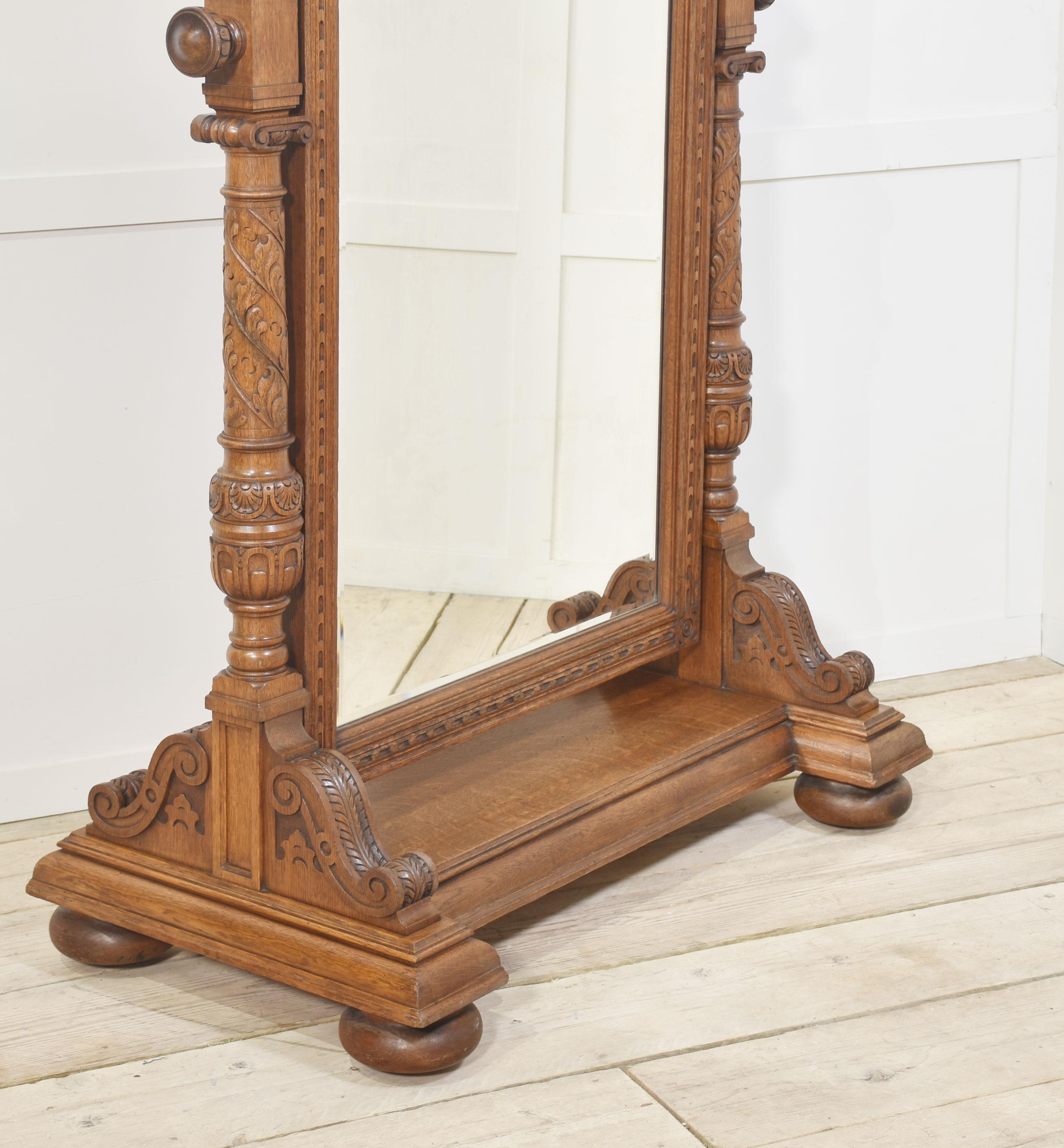 Carved oak cheval mirror For Sale 2