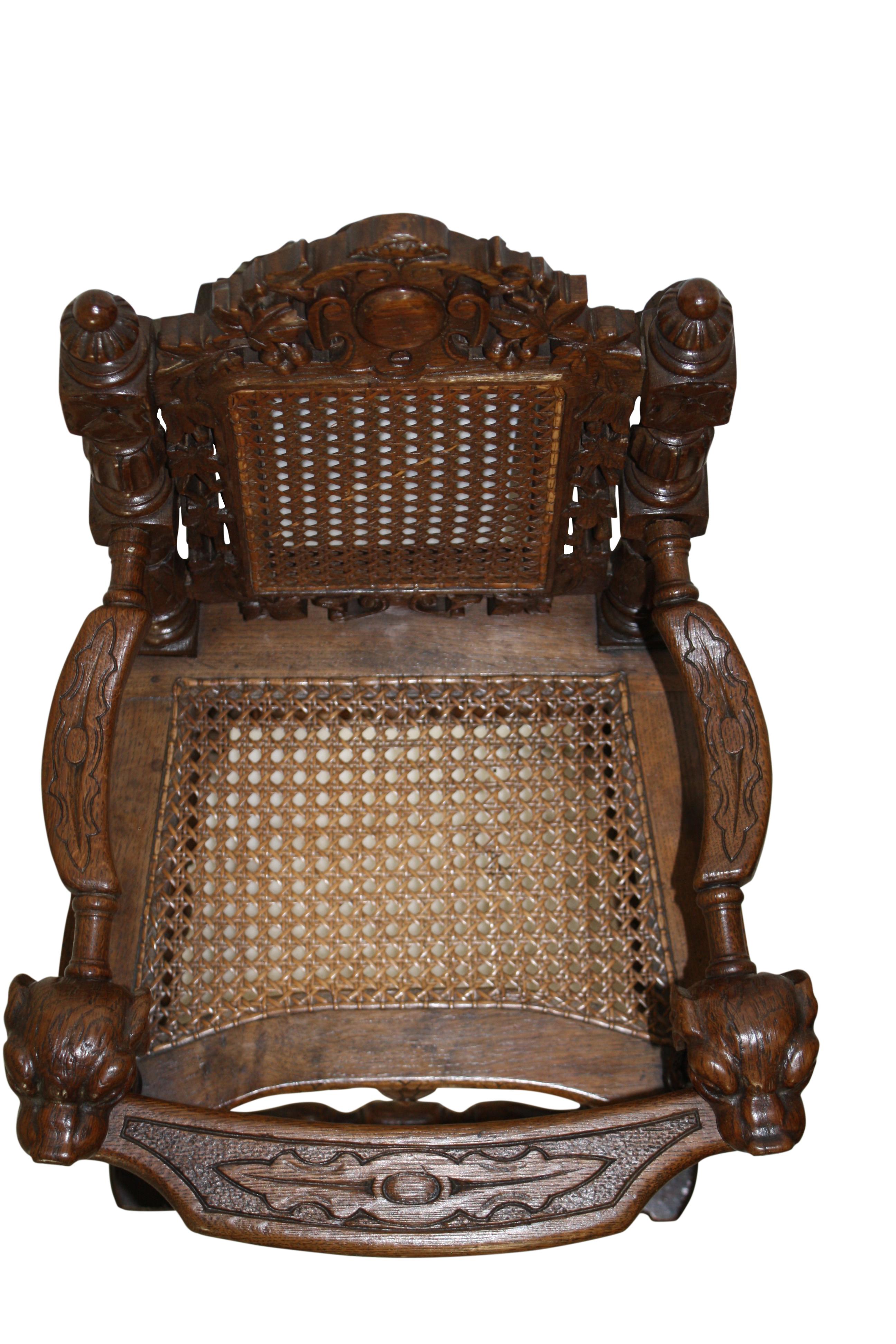 European Carved Oak Child's Chair with Caning, circa 1880