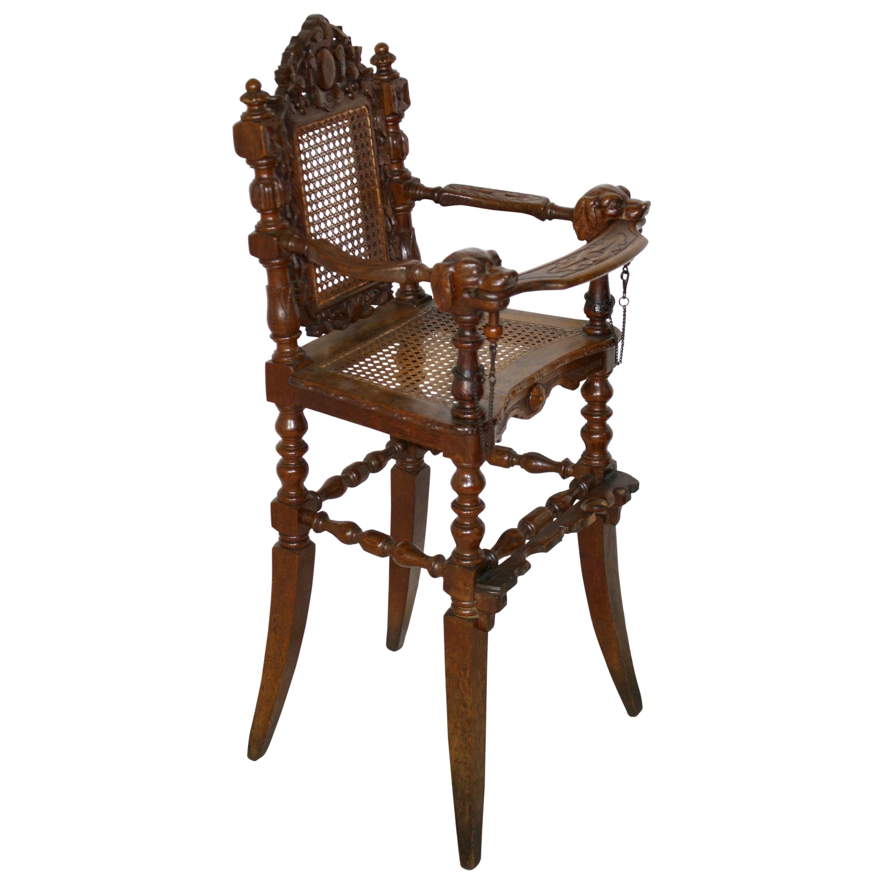 Carved Oak Child's Chair with Caning, circa 1880