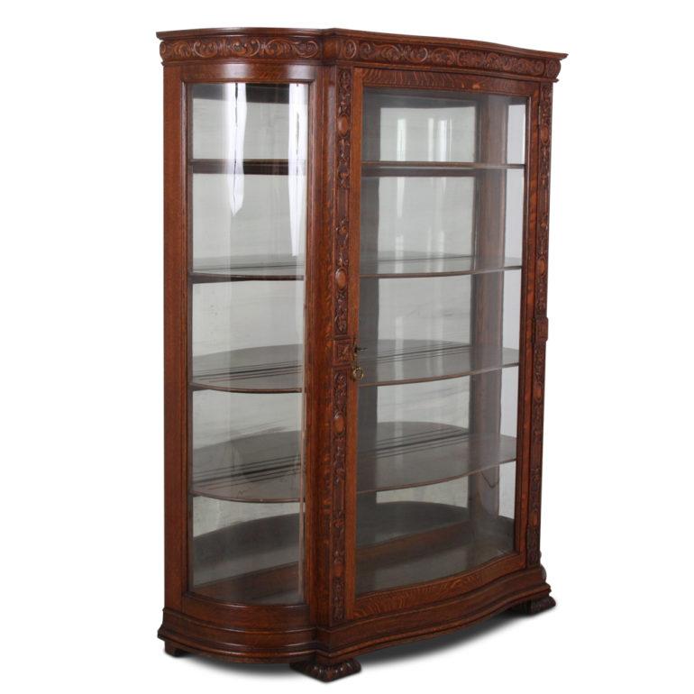 Carved Oak China Cabinet with Curved Glass 1