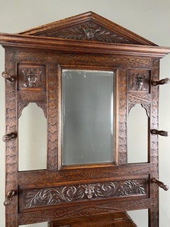 Carved Oak Coat Rack, Neo-gothic Style, 19th Century