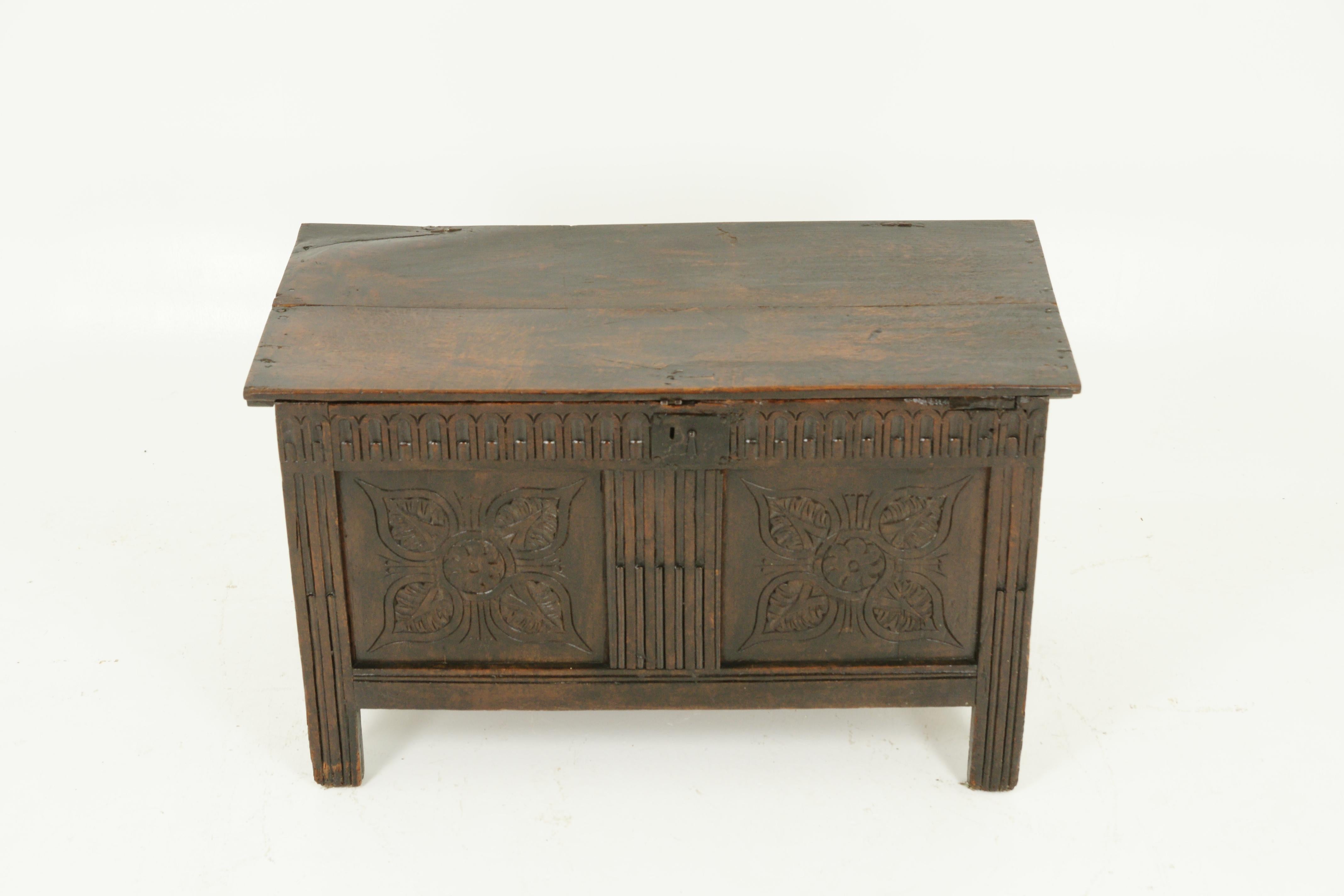 Antique oak coffer, blanket box, carved oak, Scotland 1780, Antique Furniture, B1495

Scotland 1780
Solid oak original top
Hinged top
Pair of carved panels on the front
Paneled sides
Standing on stile feet
Lots of age and wear
Solid condition
Some