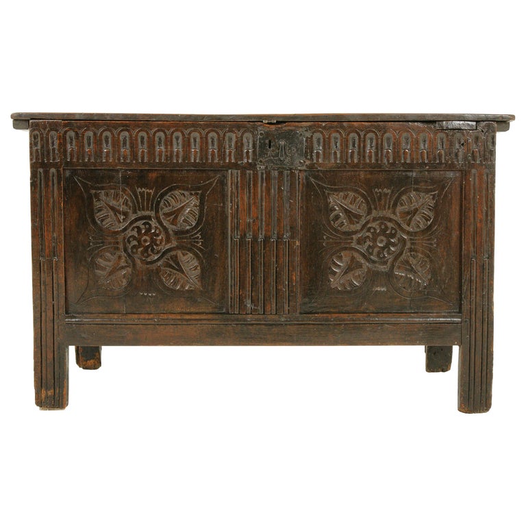 Antique Oak Coffer Blanket Box Carved Scotland 1780 Antique Oak Coffer Blanket Box Carved