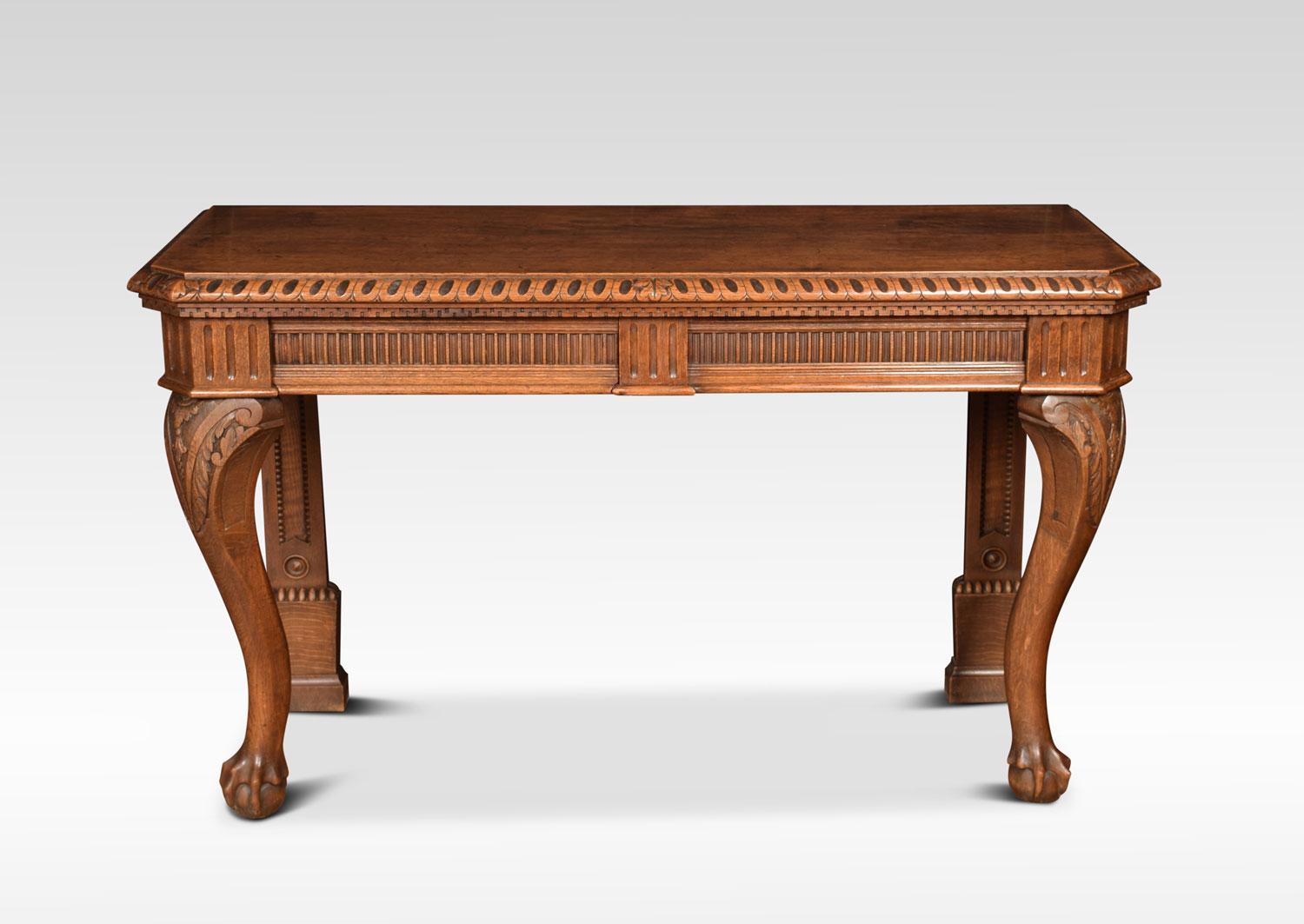 Carved oak console table the large rectangular canted top with carved edge. Above two drawers freeze draws. All raised up on acanthus carved cabriole legs with ball and claw feet.
Dimensions
Height 36 Inches
Width 60 Inches
Depth 23 Inches