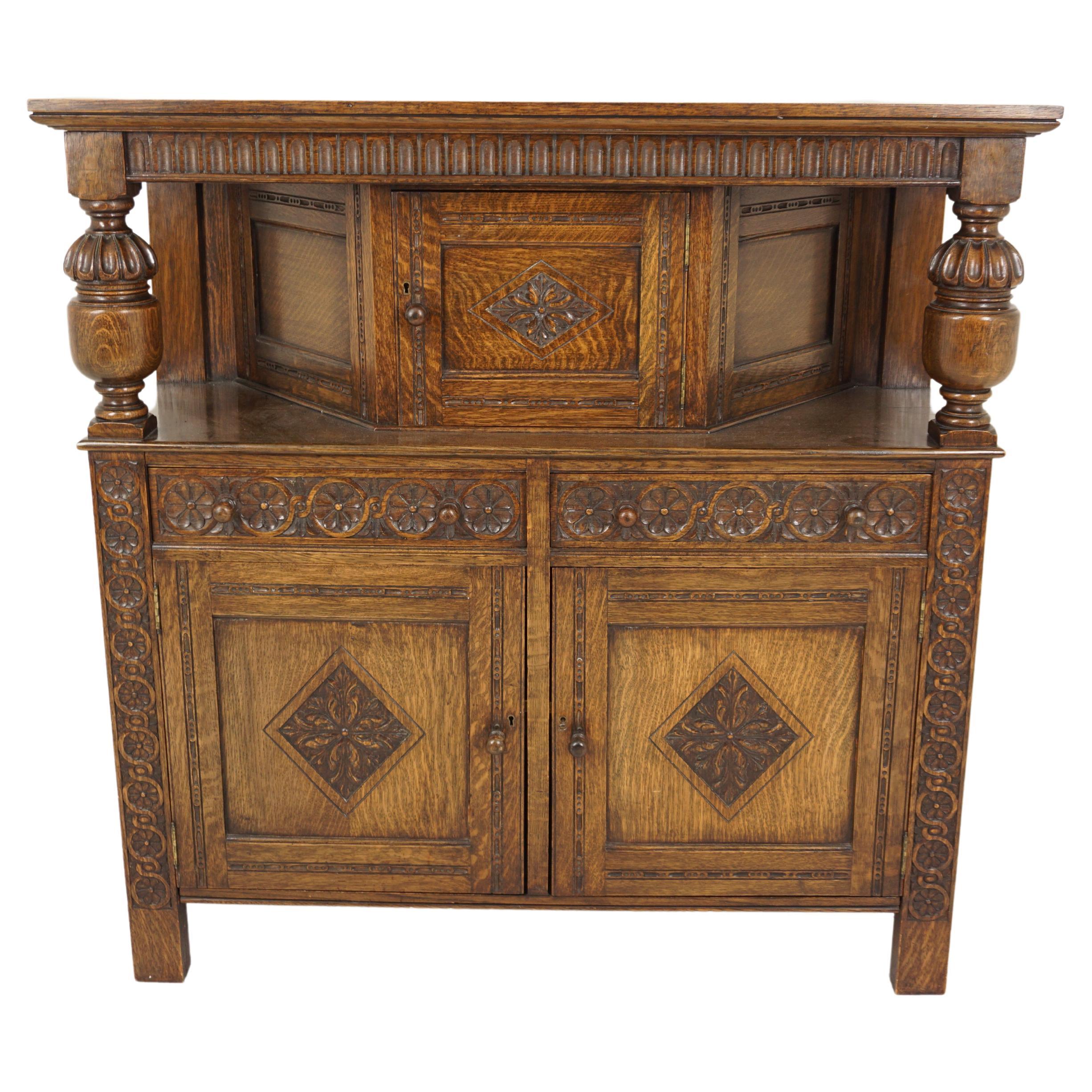 Carved Oak Court Cupboard, Sideboard, Buffet, Chiffonier, Scotland 1930, H689 For Sale