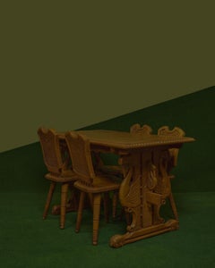 Hand-Carved Oak Dining Set, MK Initials, Rustic Design, 1940s Antique