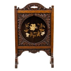 Carved Oak English Crewel Work Fire Screen