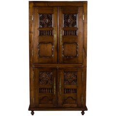Carved Oak English Four Door Wardrobe Cupboard Cabinet