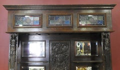 Carved Oak Figural Renaissance Style Satined Glass Dry Back Bar Wine Rack