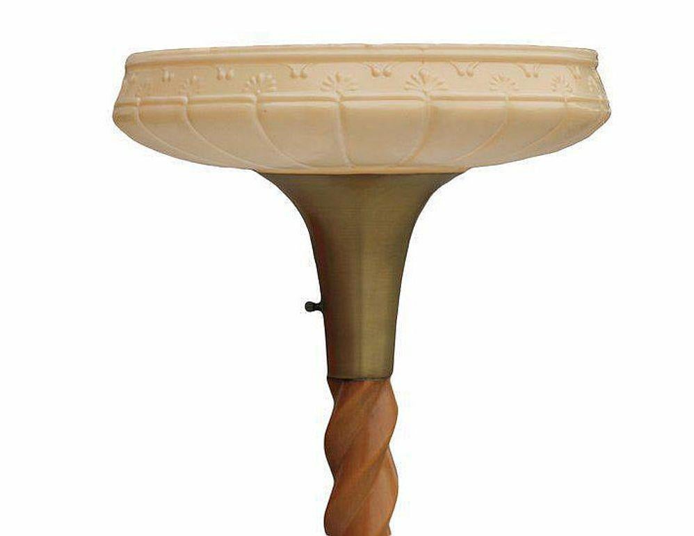 Mid-Century Modern Carved Oak Floor Sprial Torchiere Floor Lamp Attributed to Russel Wright w Shade For Sale