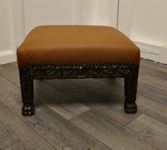 19th Century Victorian Carved Oak Foot Stool with Leather Upholstery