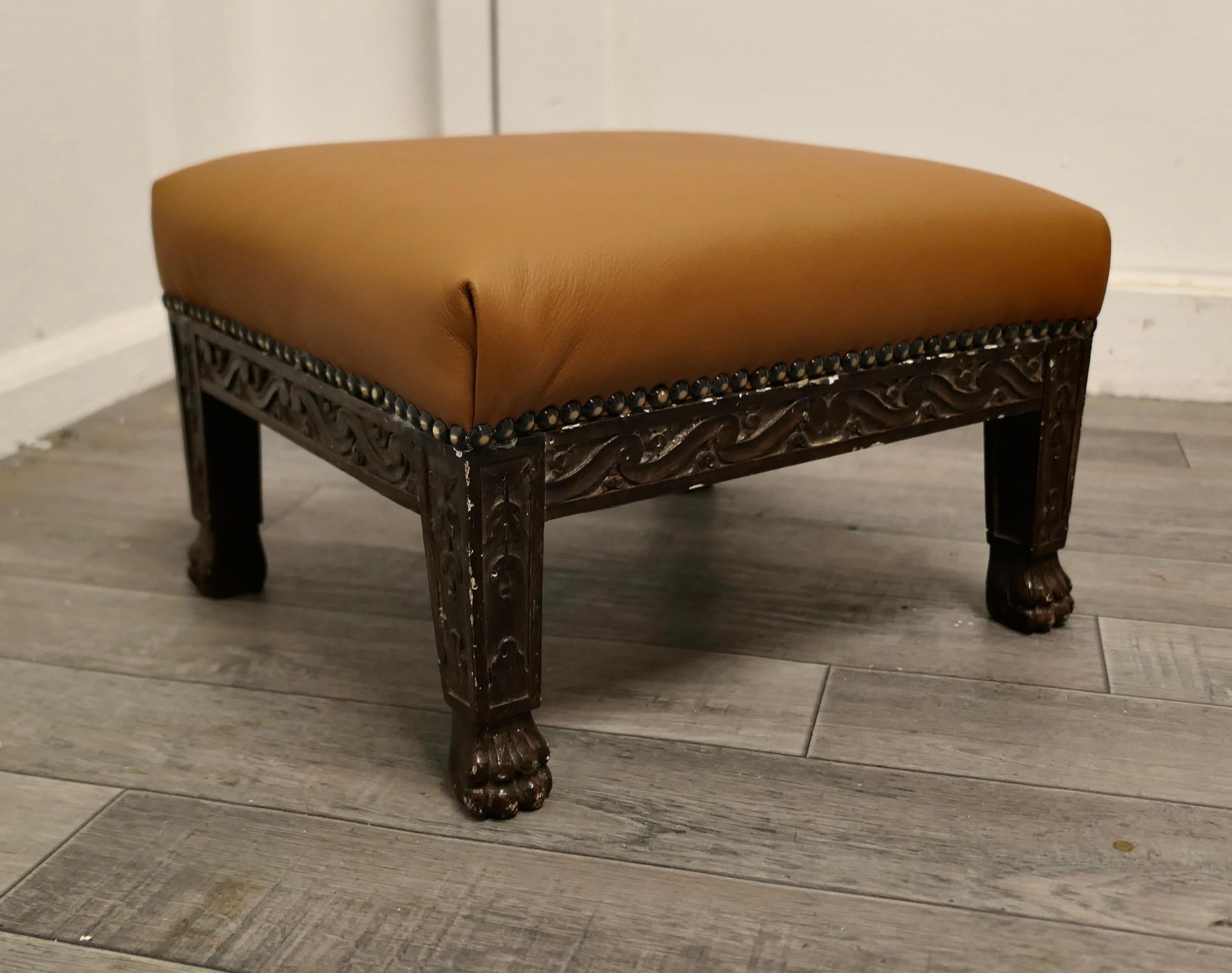 Gothic Carved Oak Foot Stool Upholstered in Leather    For Sale
