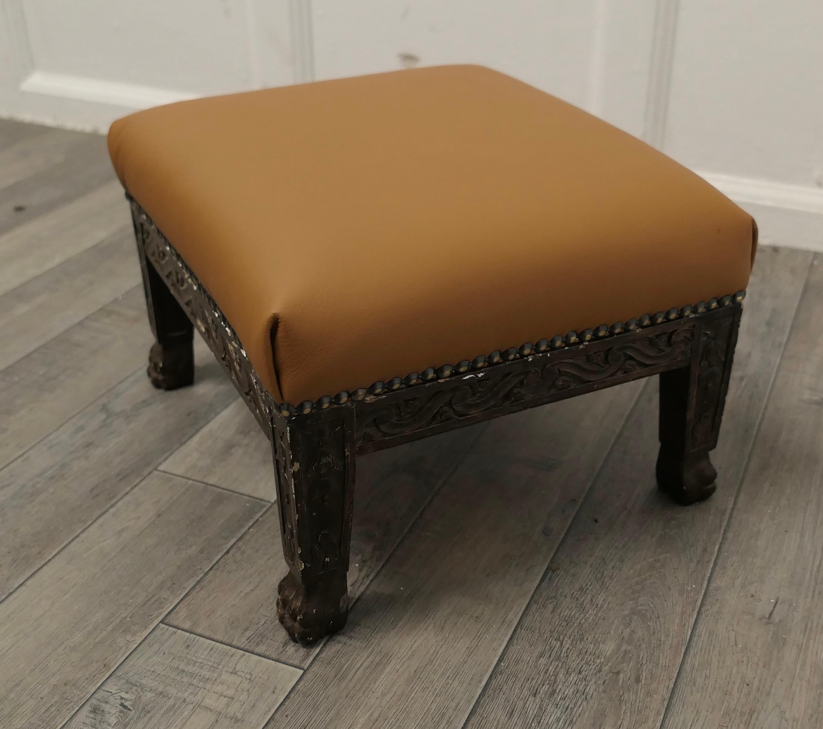 19th Century Carved Oak Foot Stool Upholstered in Leather    For Sale