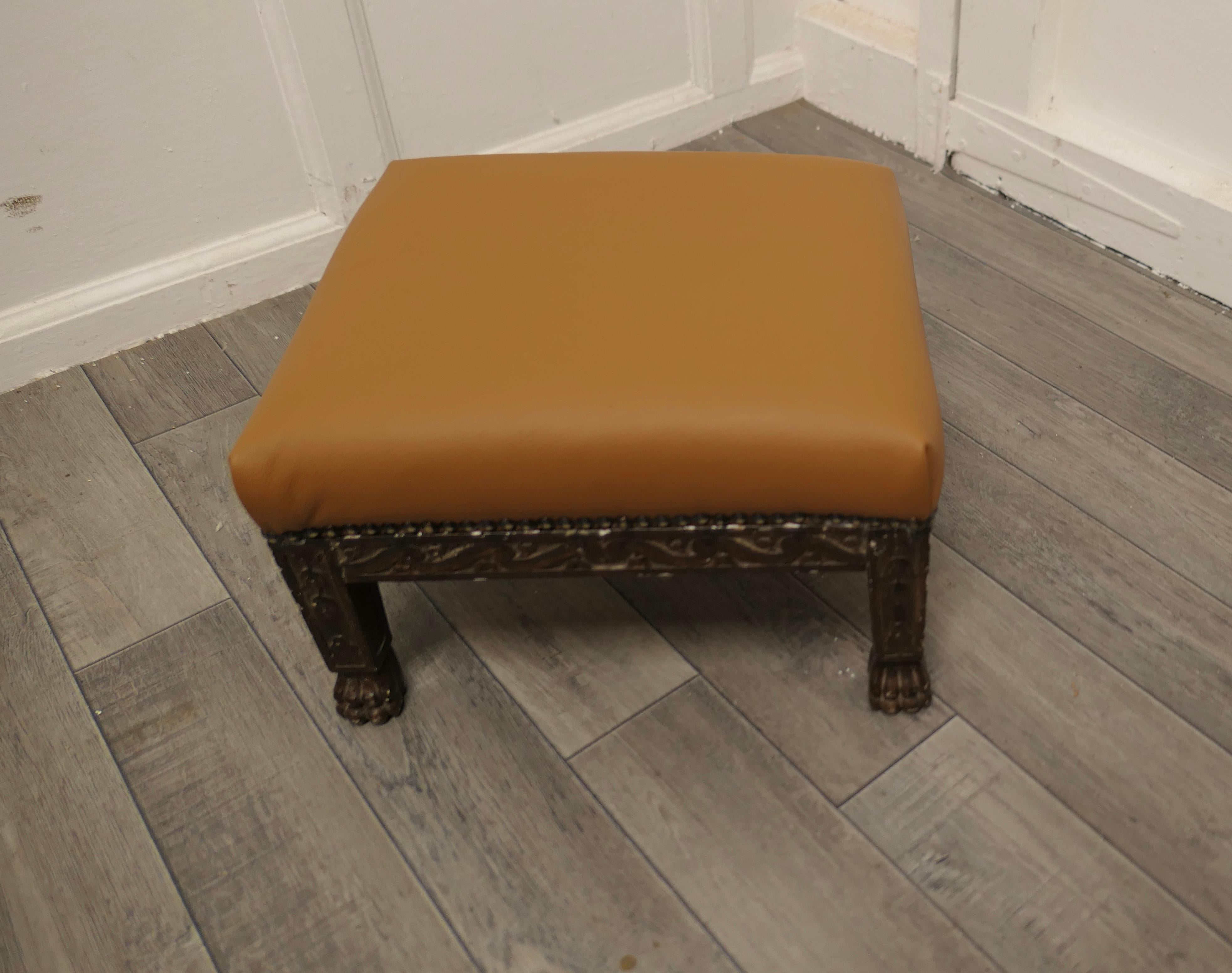 Carved Oak Foot Stool Upholstered in Leather    For Sale 2