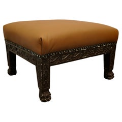 Antique Carved Oak Foot Stool Upholstered in Leather   