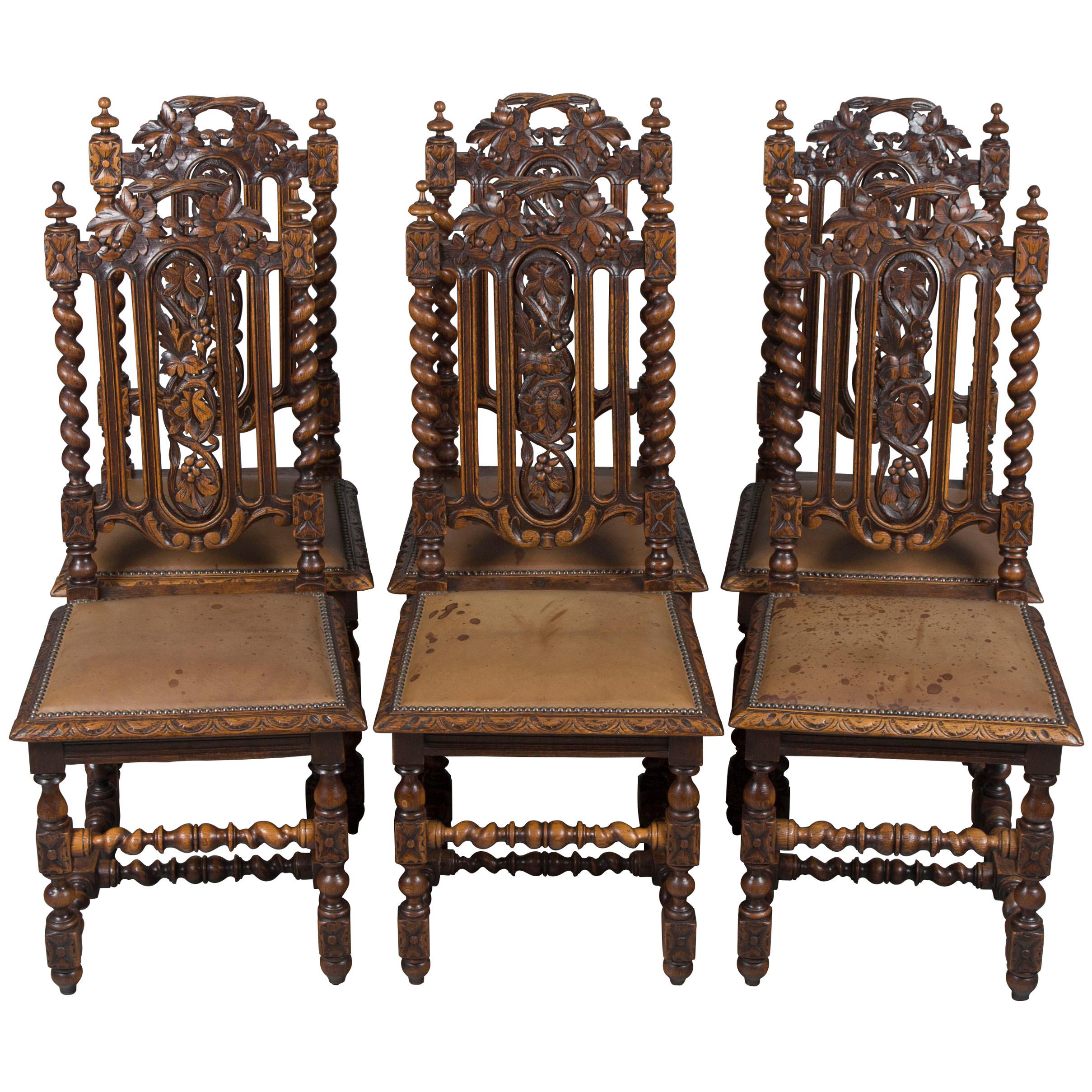 Carved Oak French Provincial Set of Six Dining Room Chairs