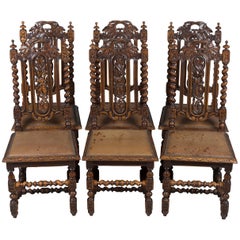 Antique Carved Oak French Provincial Set of Six Dining Room Chairs