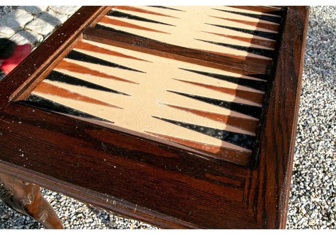 Leather Carved Oak French Style Backgammon Table For Sale