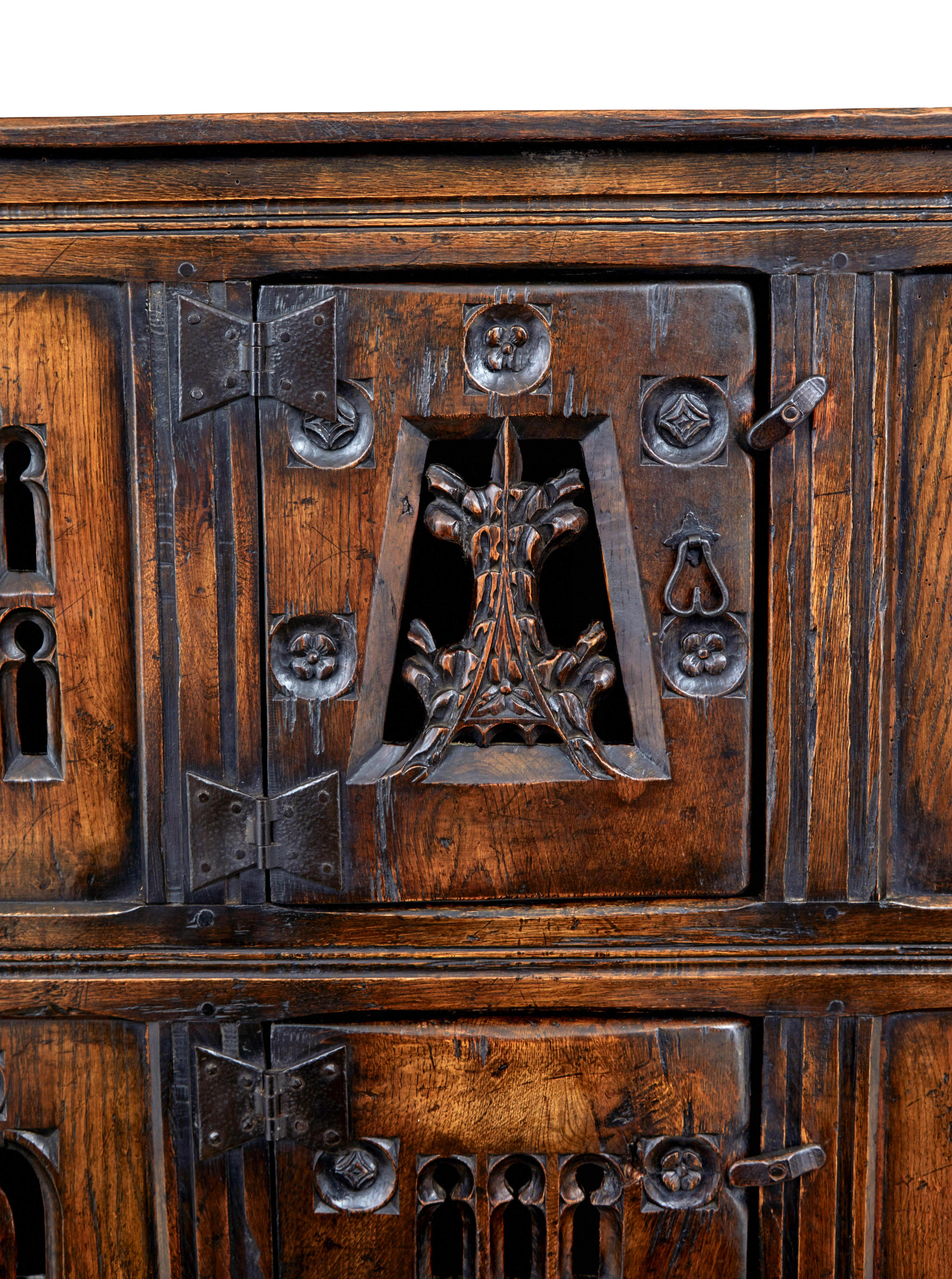 English Carved oak gothic revival food cupboard