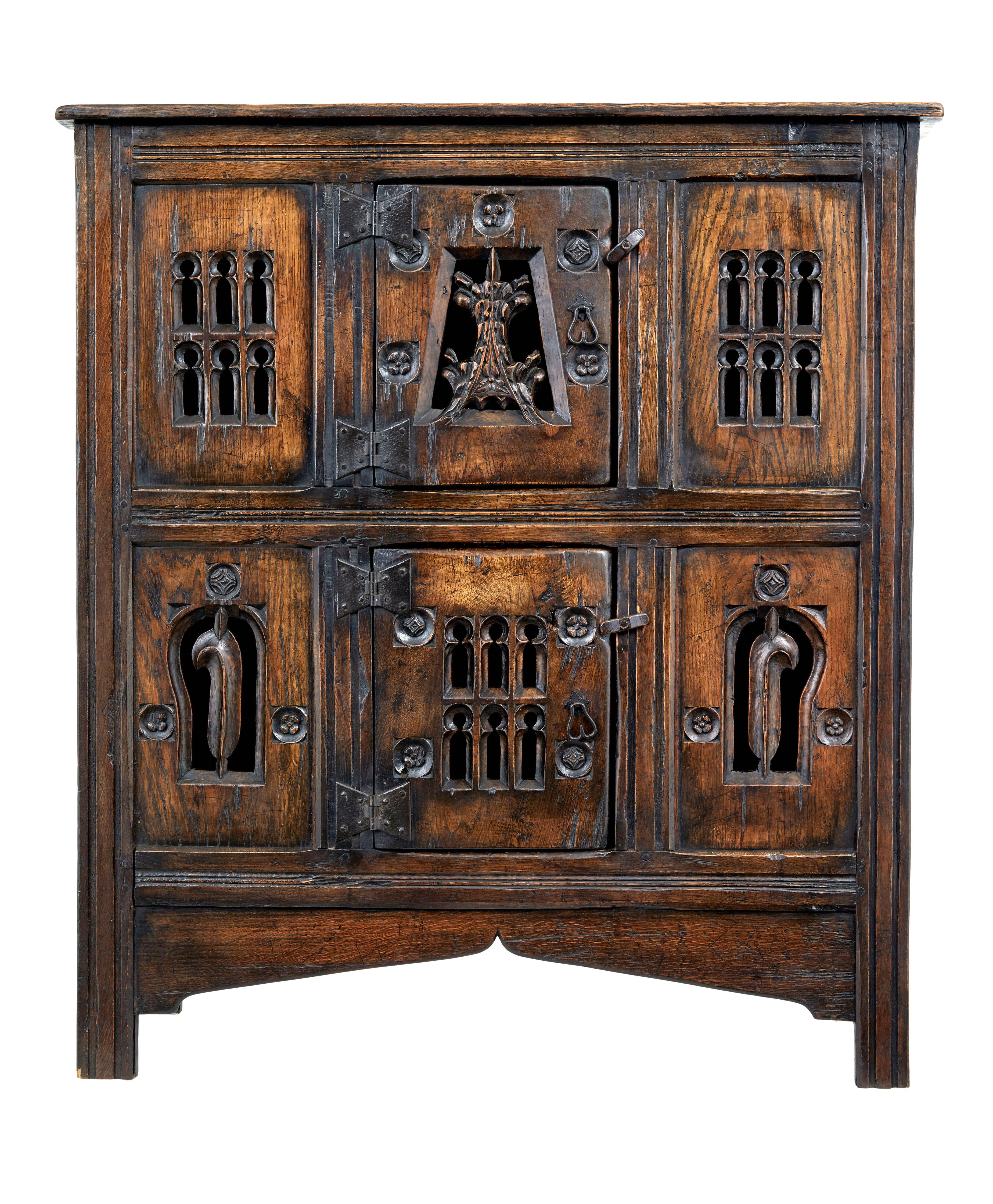 Hand-Carved Carved oak gothic revival food cupboard For Sale
