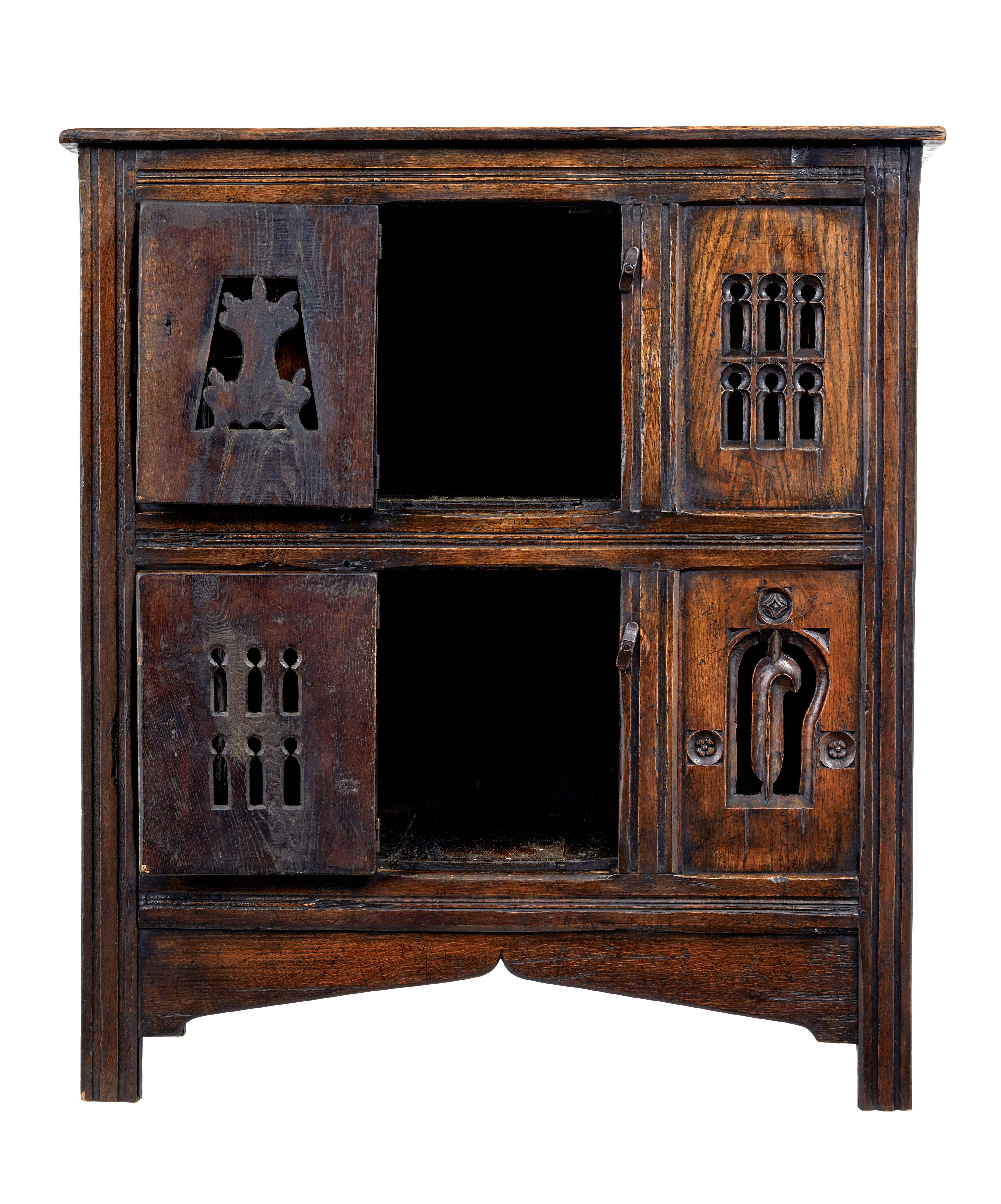 Carved oak gothic revival food cupboard In Good Condition In Debenham, Suffolk