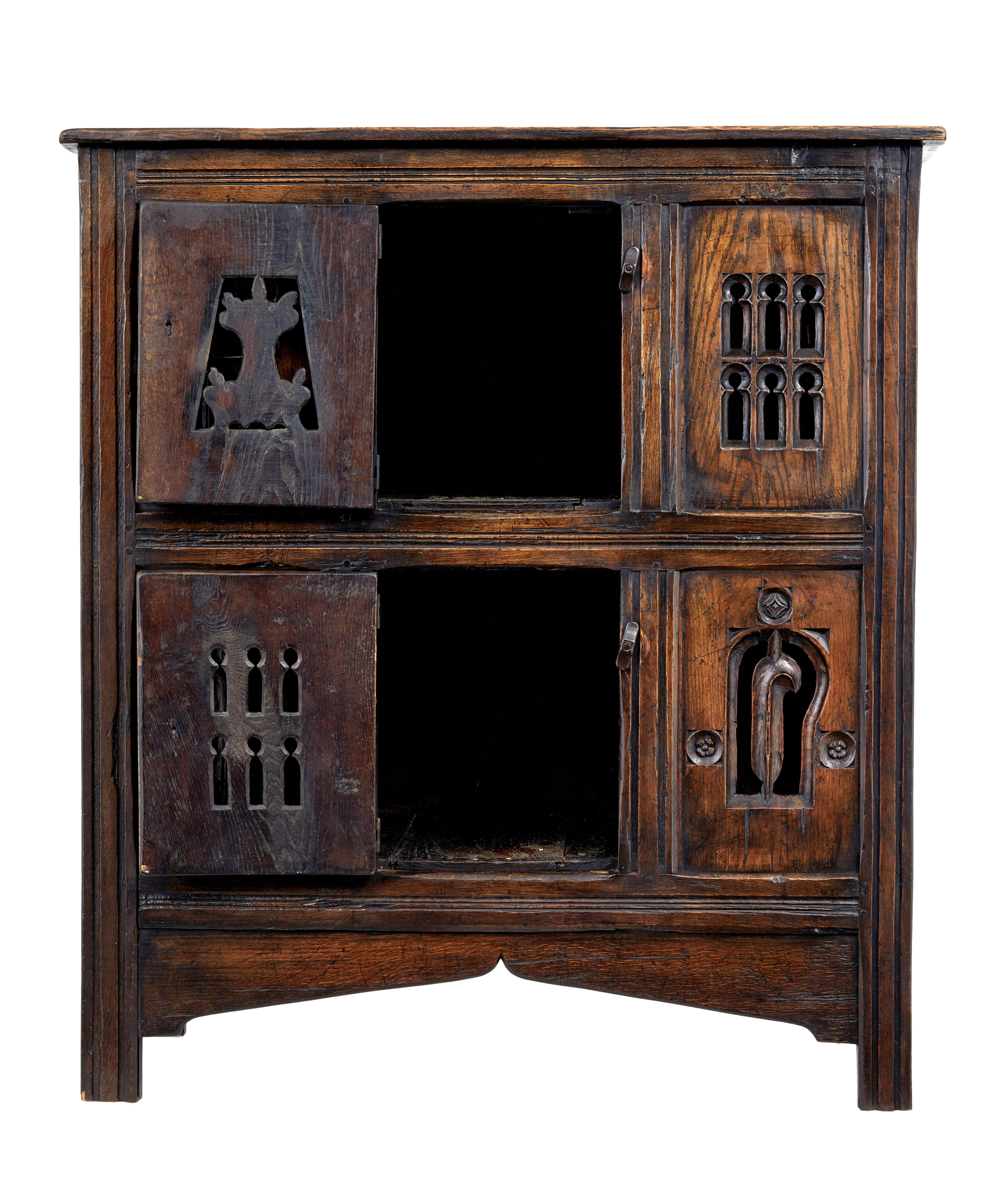Carved oak gothic revival food cupboard In Good Condition For Sale In Debenham, Suffolk