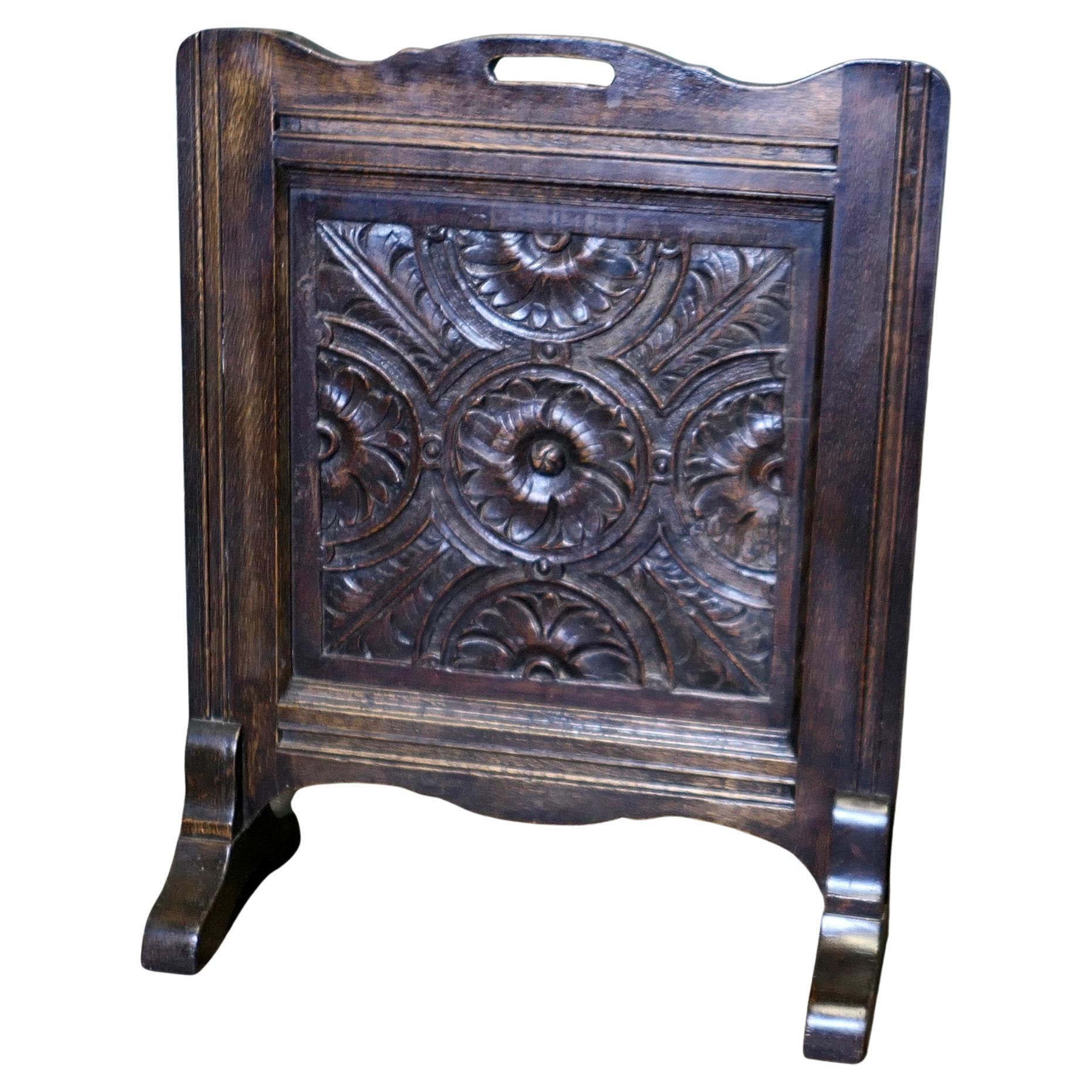Carved Oak Gothic Style Fire Screen
