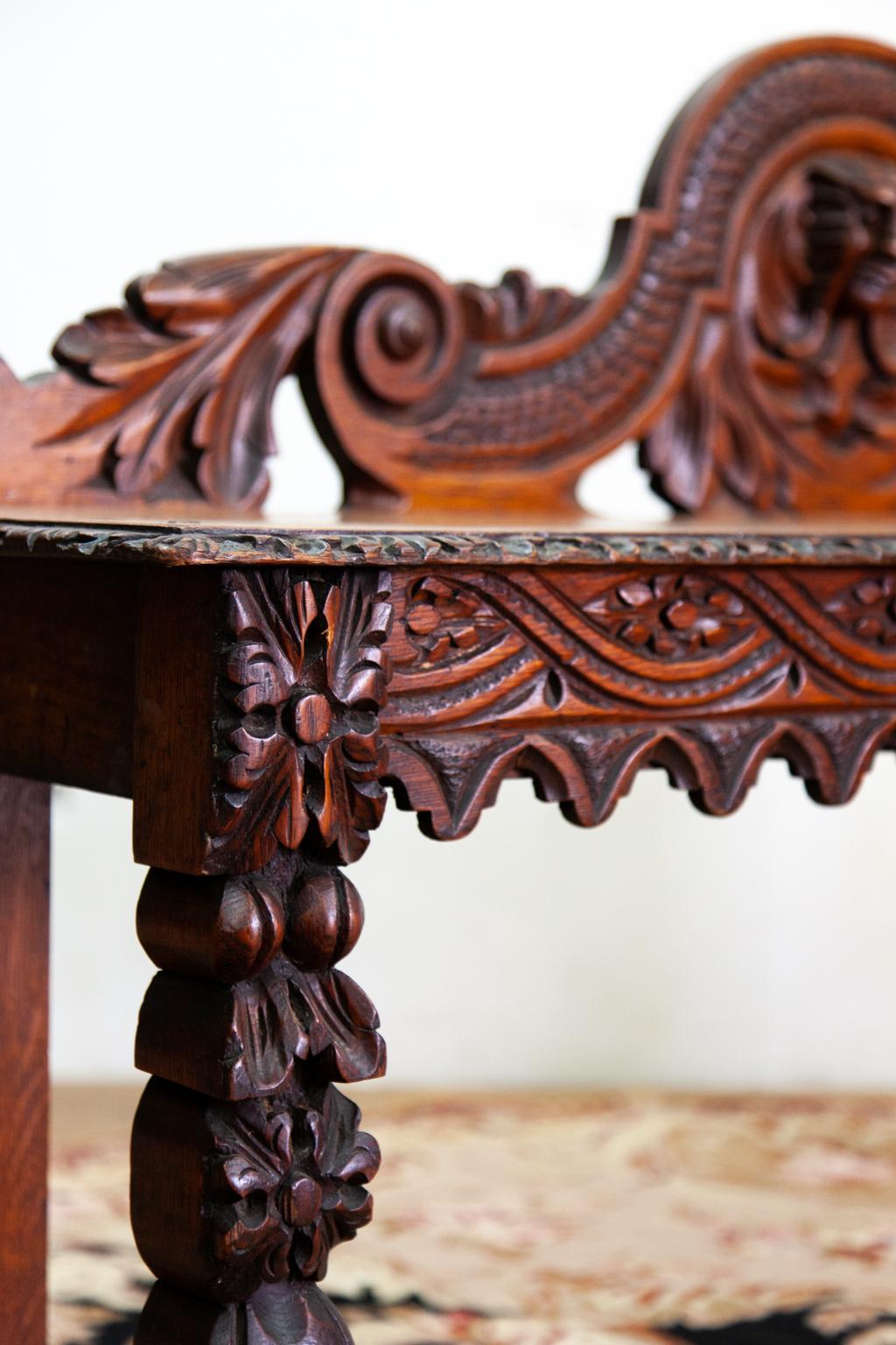 Hand-Carved Carved Oak Hall Bench For Sale