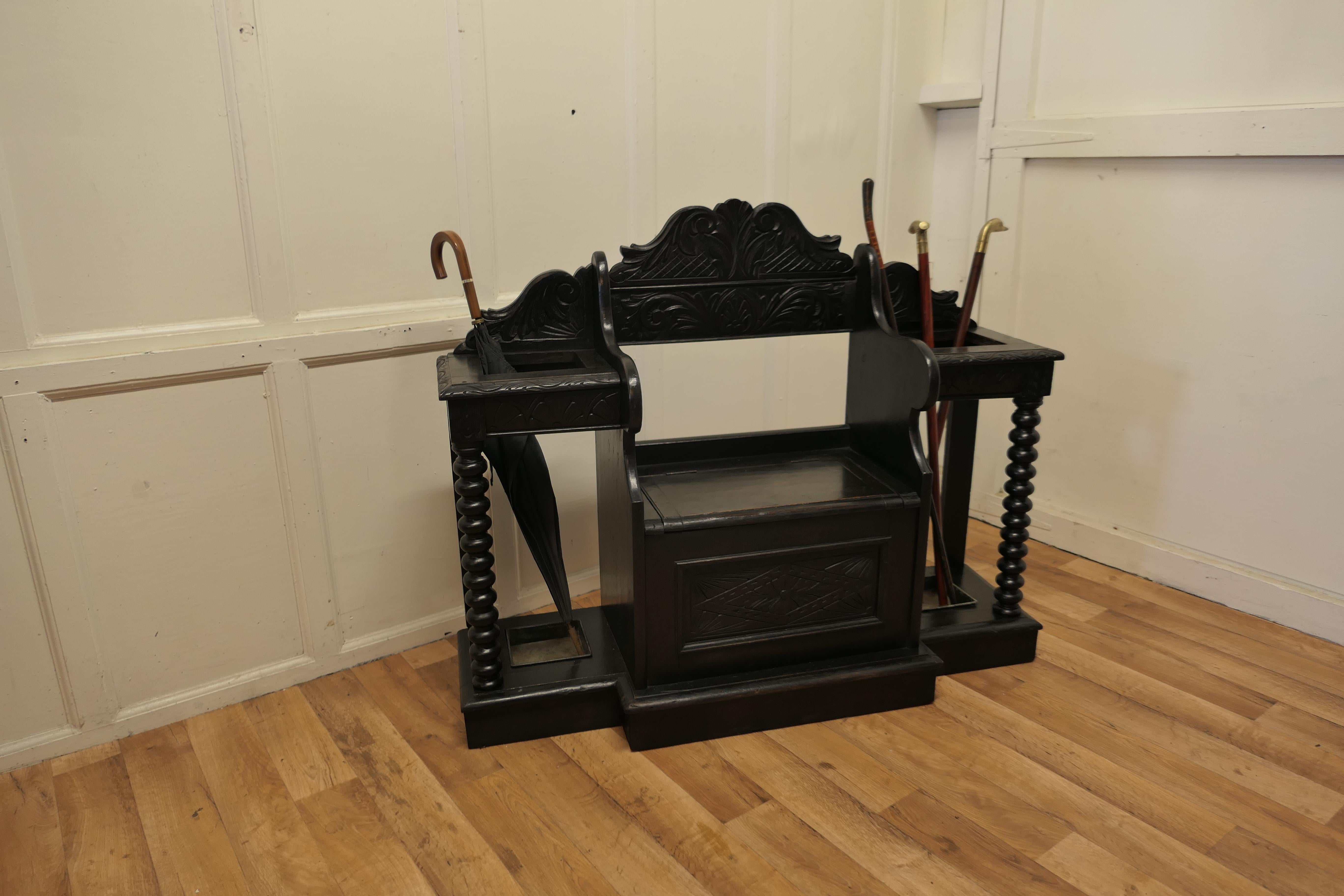 19th Century Carved Oak Hall Seat, with 2 Stick Stands For Sale