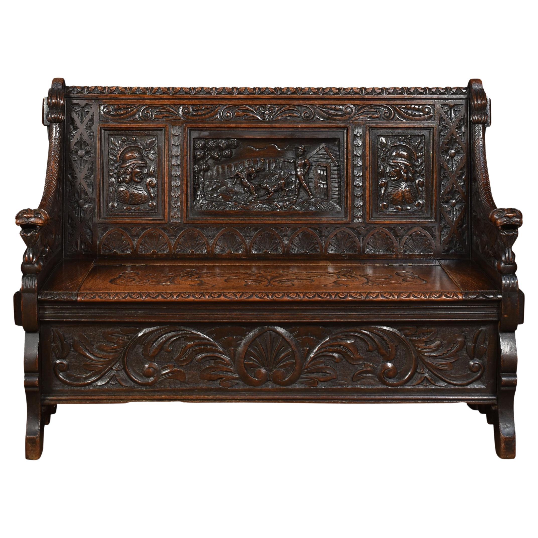 Carved Oak Hall Settle For Sale