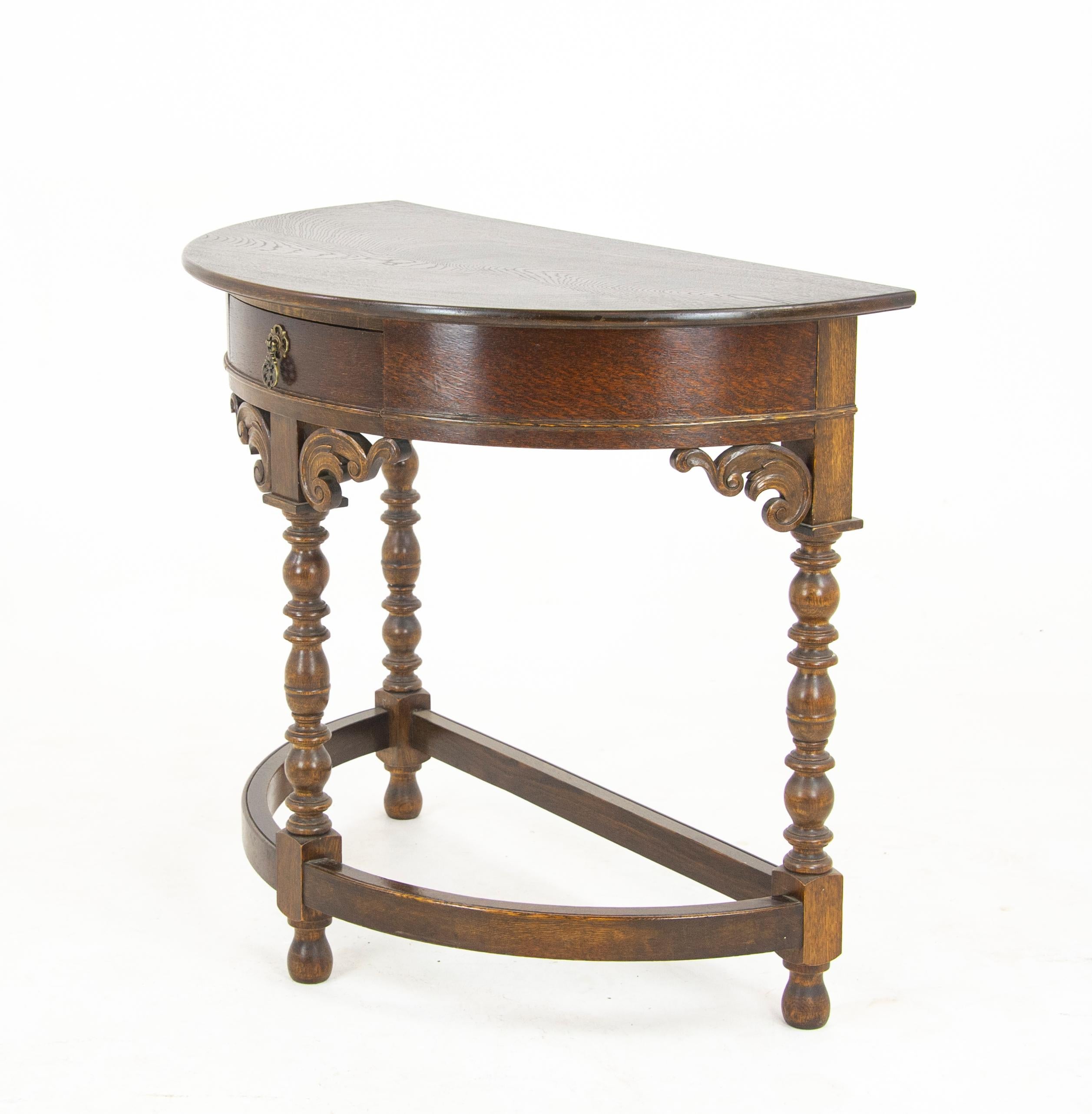 Carved Oak Hall Table, Demi Lune Table, Half Moon Table, Scotland 1920, B1173 7