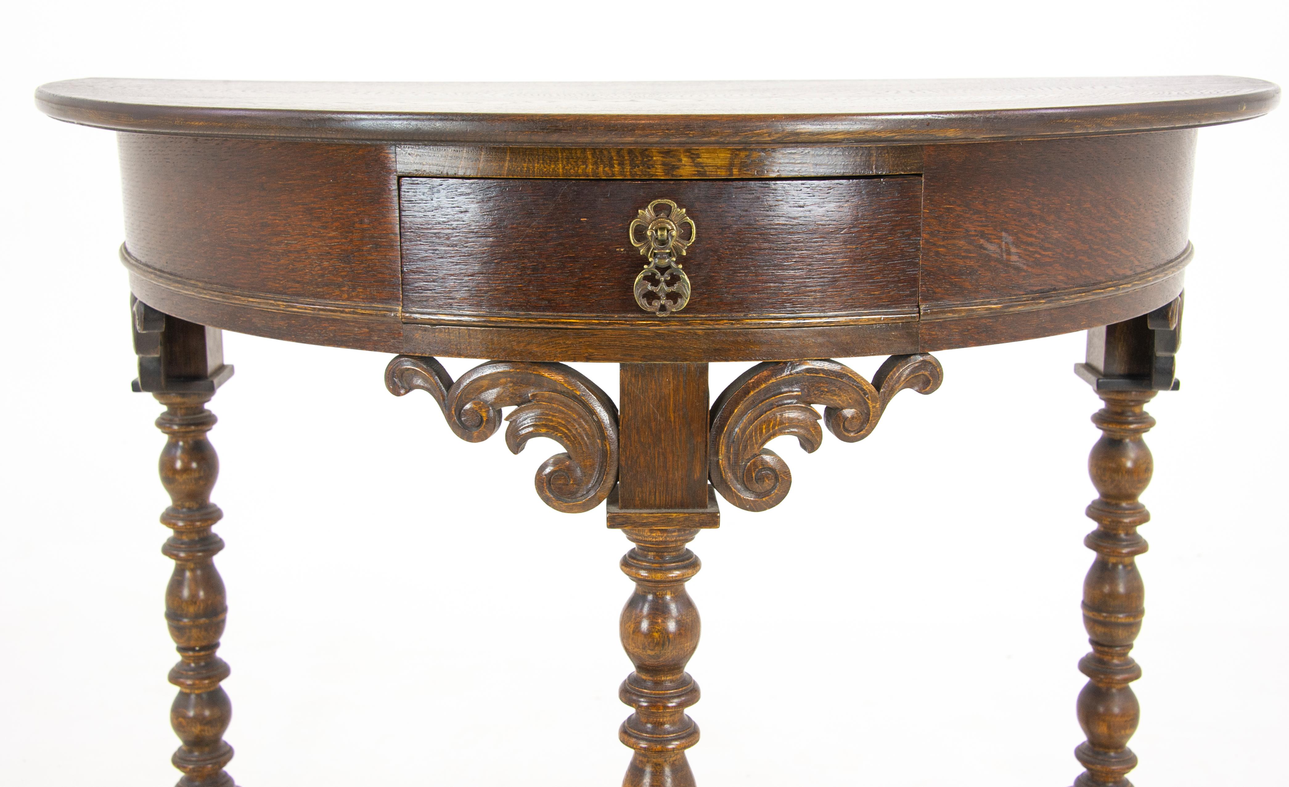 Hand-Crafted Carved Oak Hall Table, Demi Lune Table, Half Moon Table, Scotland 1920, B1173