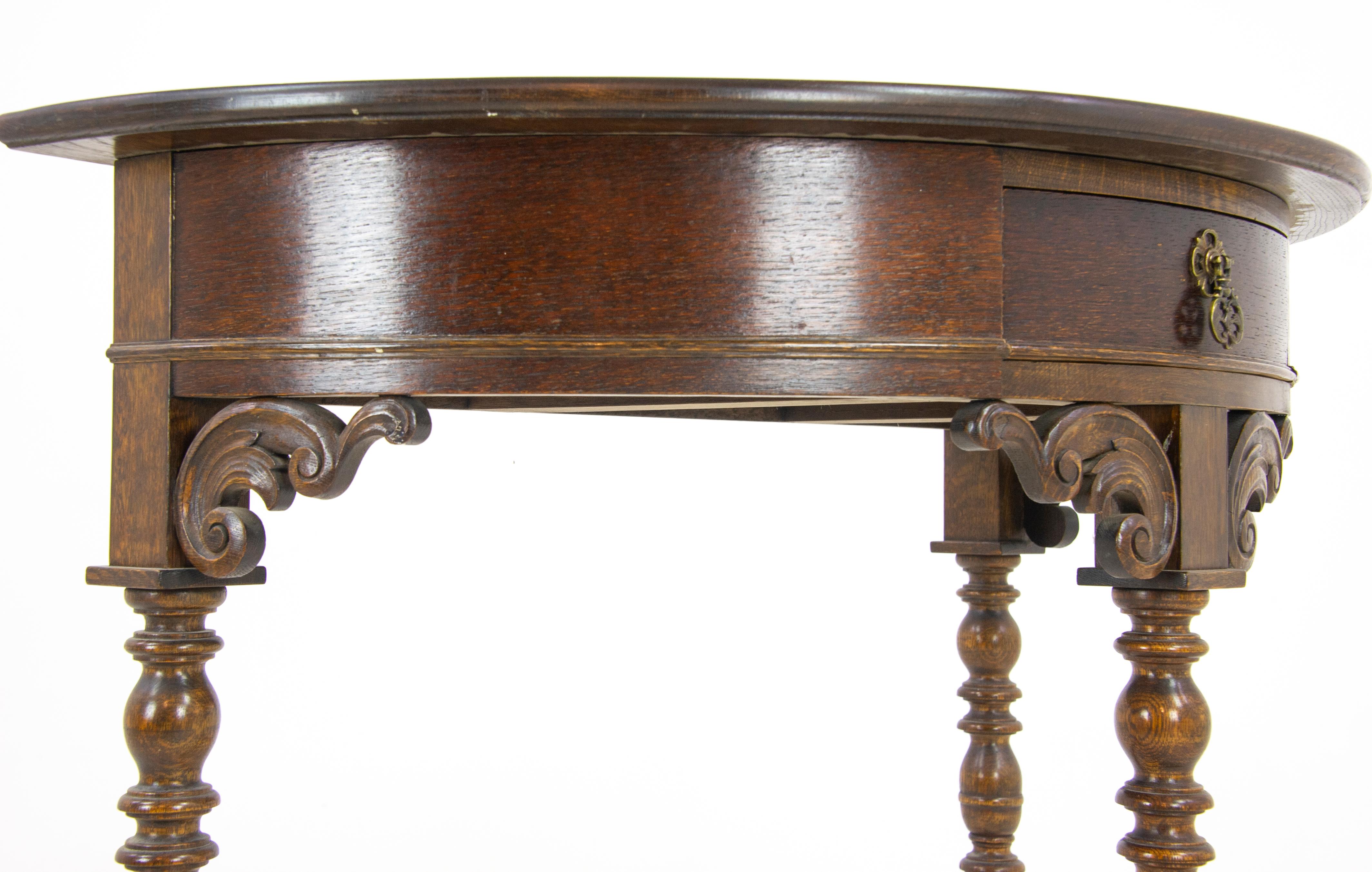 Carved Oak Hall Table, Demi Lune Table, Half Moon Table, Scotland 1920, B1173 2