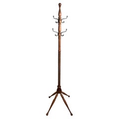 Carved Oak Hall Tree with Four Leg Base Spiraled Body and 9 Coat Hooks