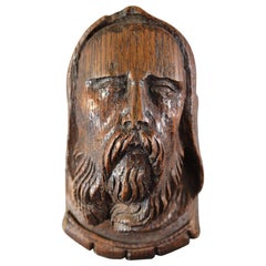 Carved Oak Hooded Bearded Man Head Corbel