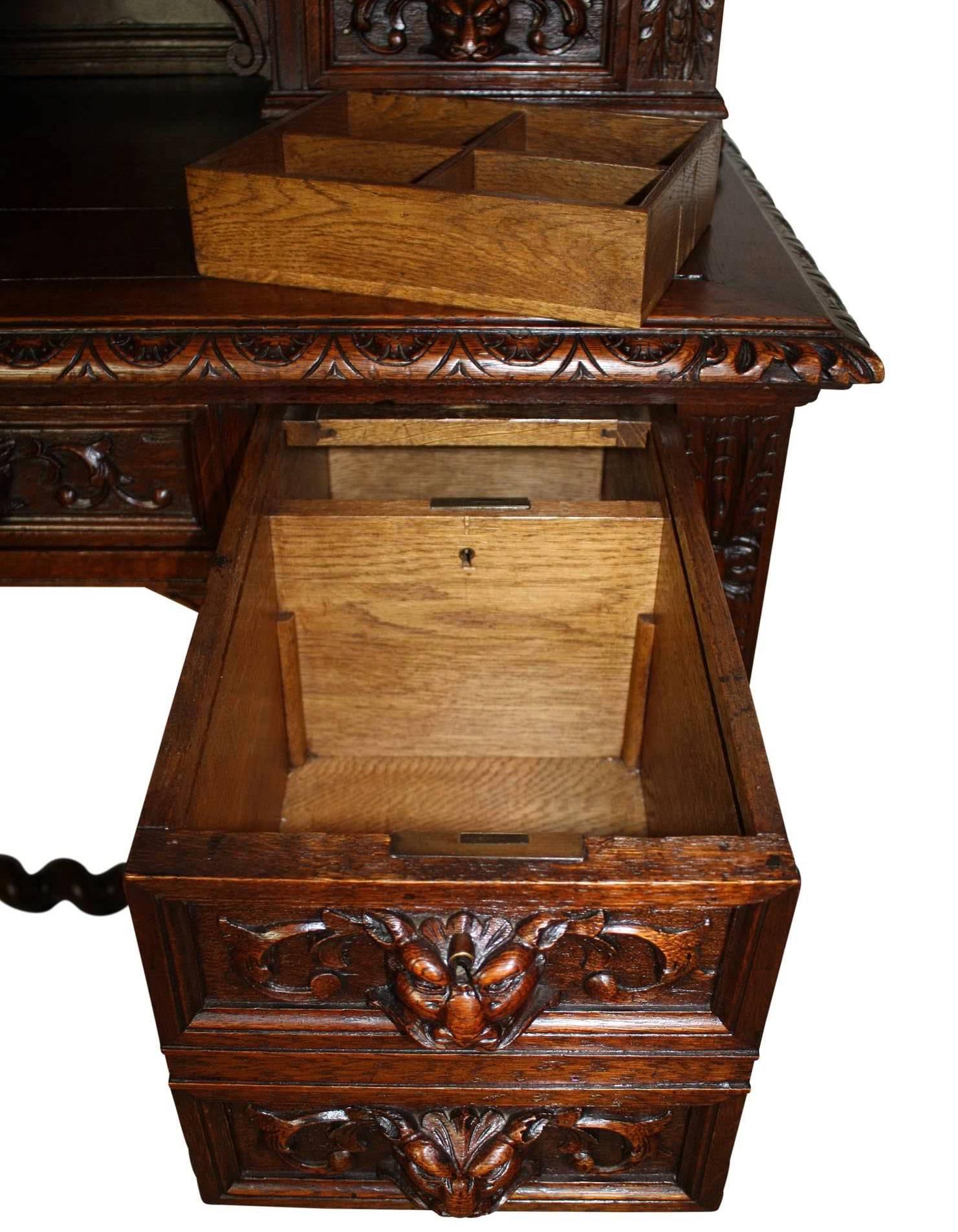 Late 19th Century Carved Oak Hunt Desk with Green Man Drawer Pulls, circa 1890