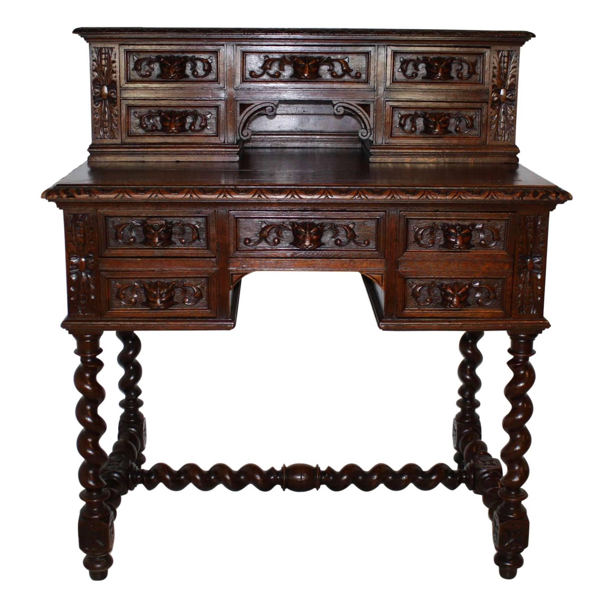 Carved Oak Hunt Desk with Green Man Drawer Pulls, circa 1890 at 1stDibs
