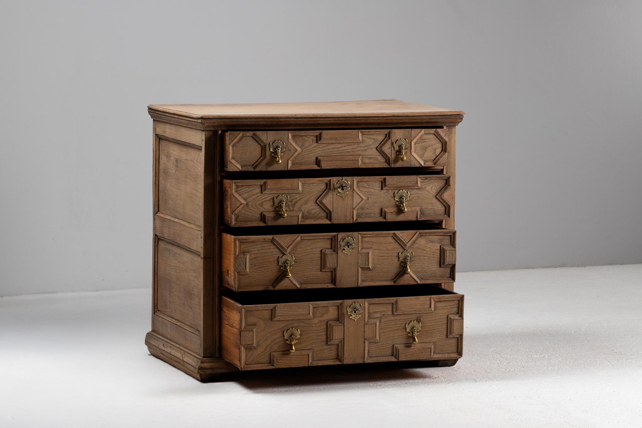 Hand-Carved Carved Oak Jacobean Revival Chest of Drawers, English, 19th Century For Sale