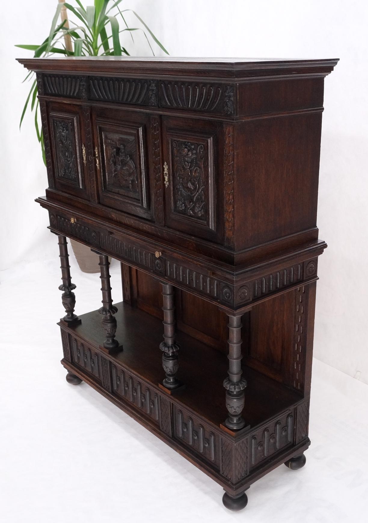 Carved Oak Jacobean Style 3 Doors Drawers Server Credenza Cabinet Cupboard Mint For Sale 5