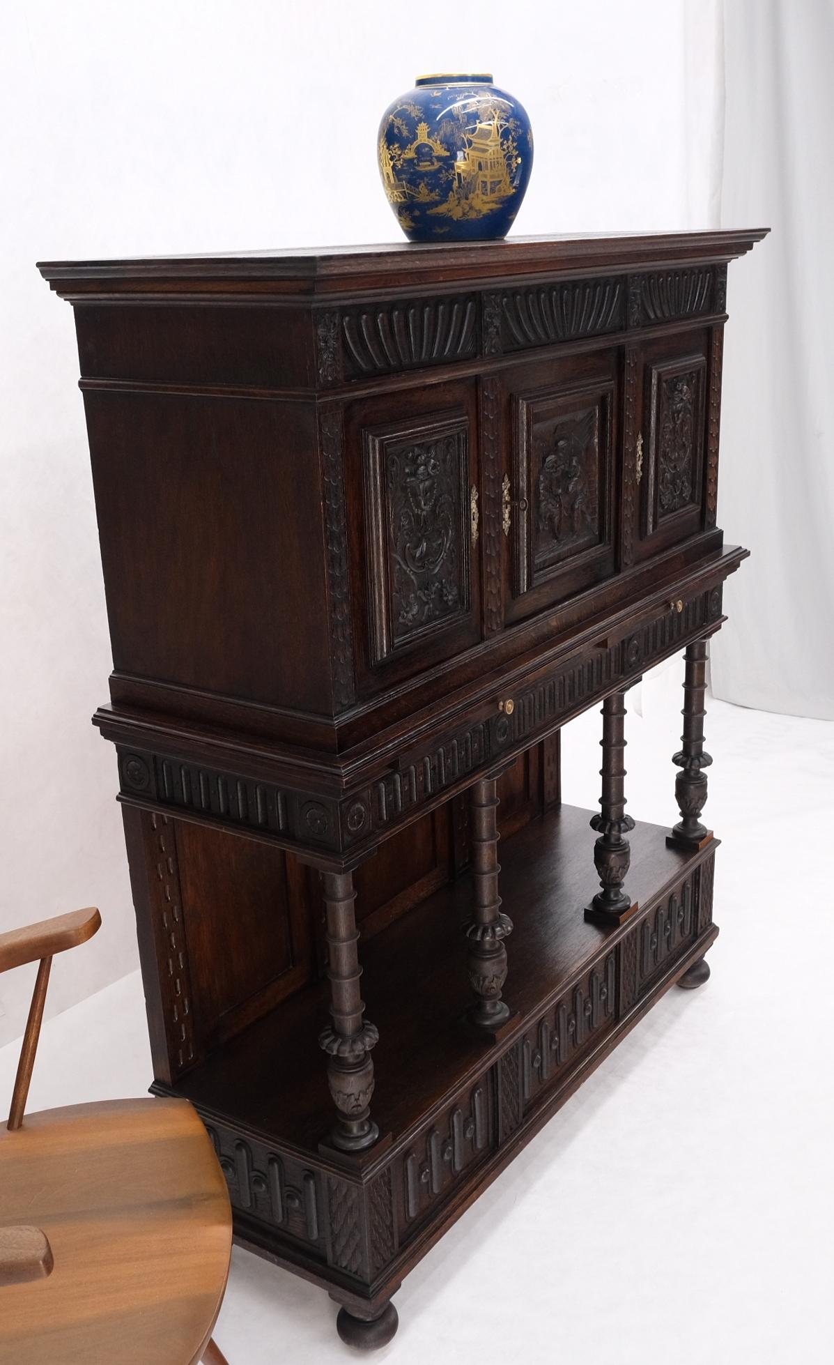 Carved Oak Jacobean Style 3 Doors Drawers Server Credenza Cabinet Cupboard Mint For Sale 7