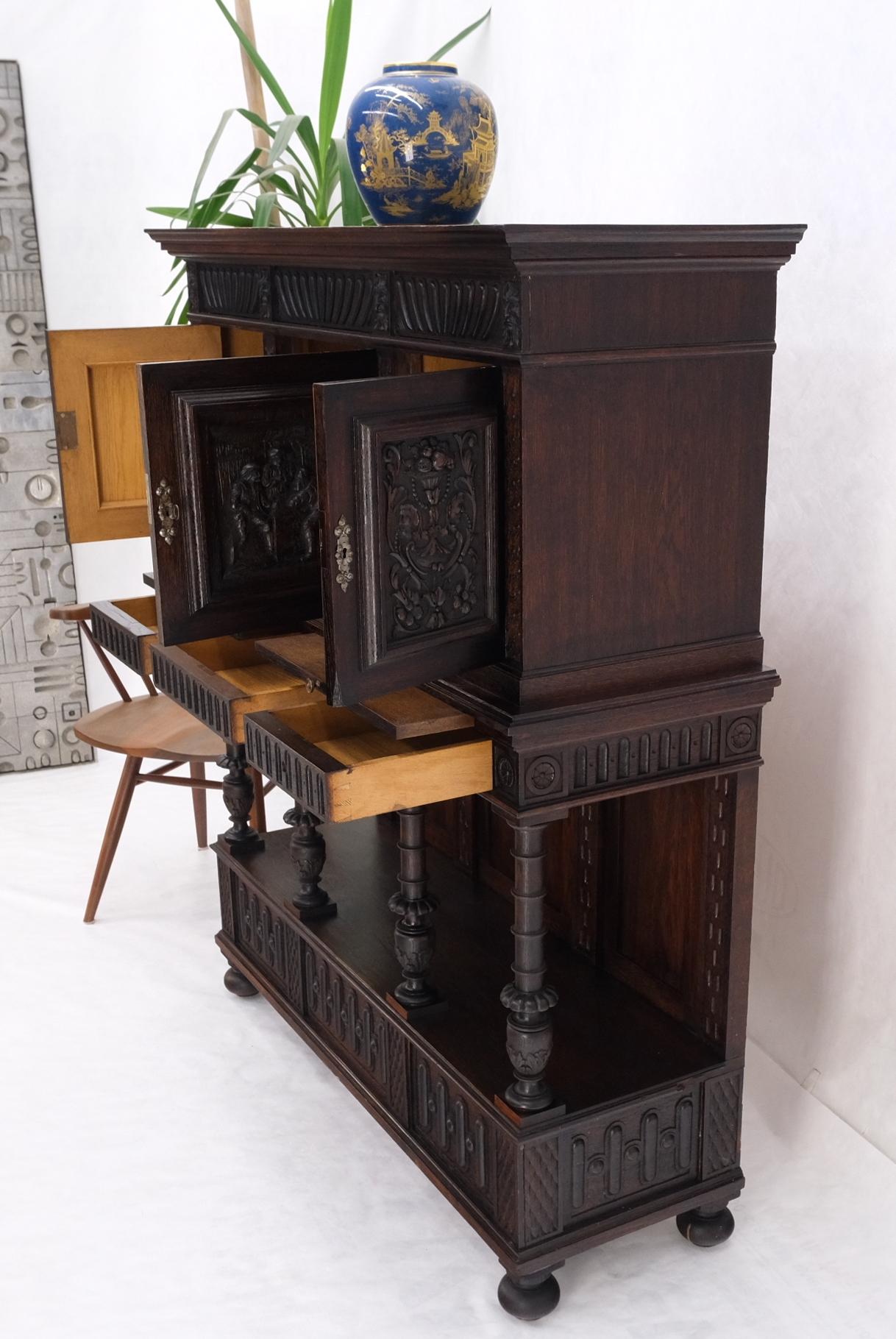 Carved Oak Jacobean Style 3 Doors Drawers Server Credenza Cabinet Cupboard Mint For Sale 10