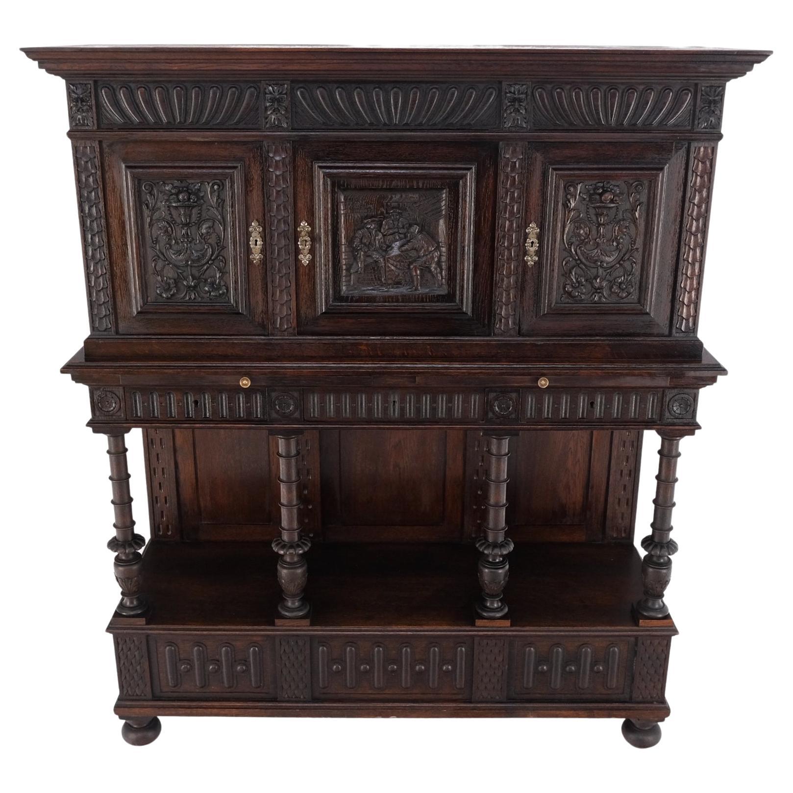 Carved Oak Jacobean Style 3 Doors Drawers Server Credenza Cabinet Cupboard Mint For Sale