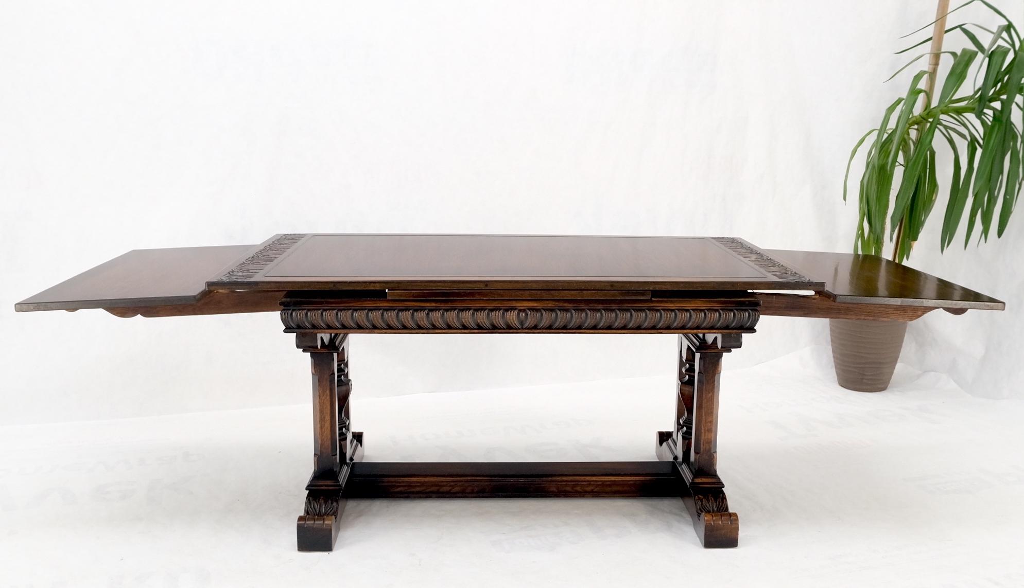 Carved Oak Jacobean Style Refectory Trestle Base Dining Farm Table MINT! For Sale 9