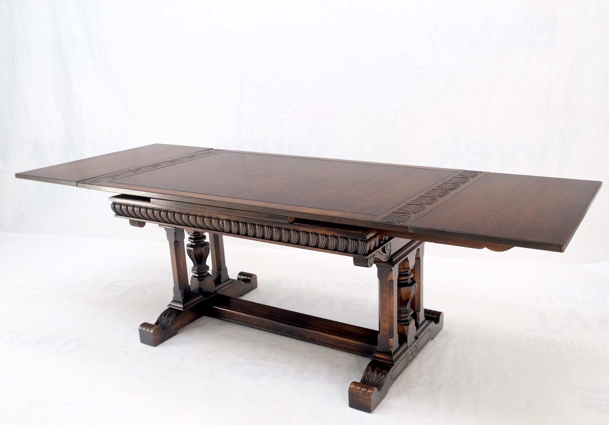 Carved Oak Jacobean Style Refectory Trestle Base Dining Farm Table MINT! For Sale 10