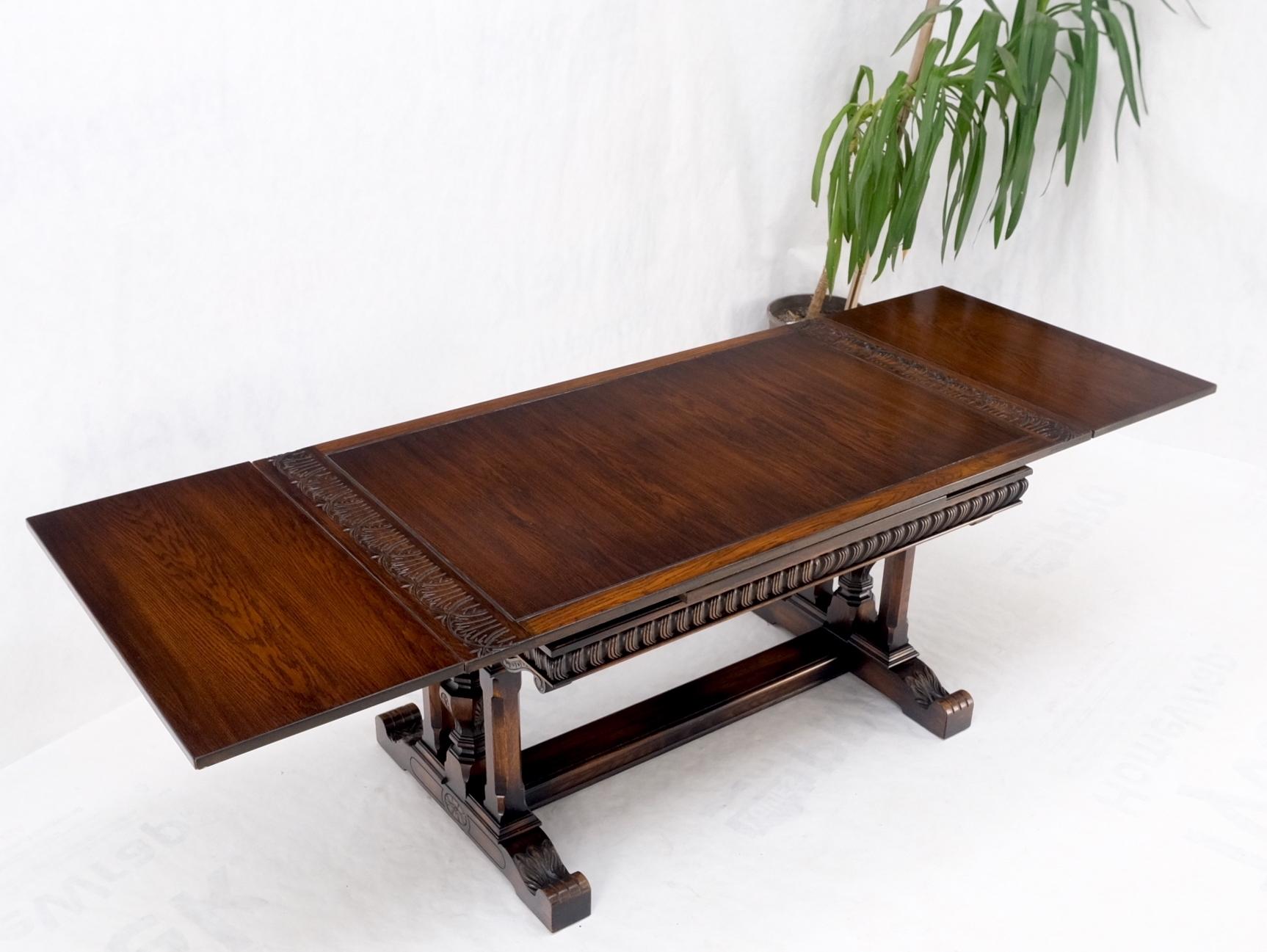 Carved Oak Jacobean Style Refectory Trestle Base Dining Farm Table MINT! 12