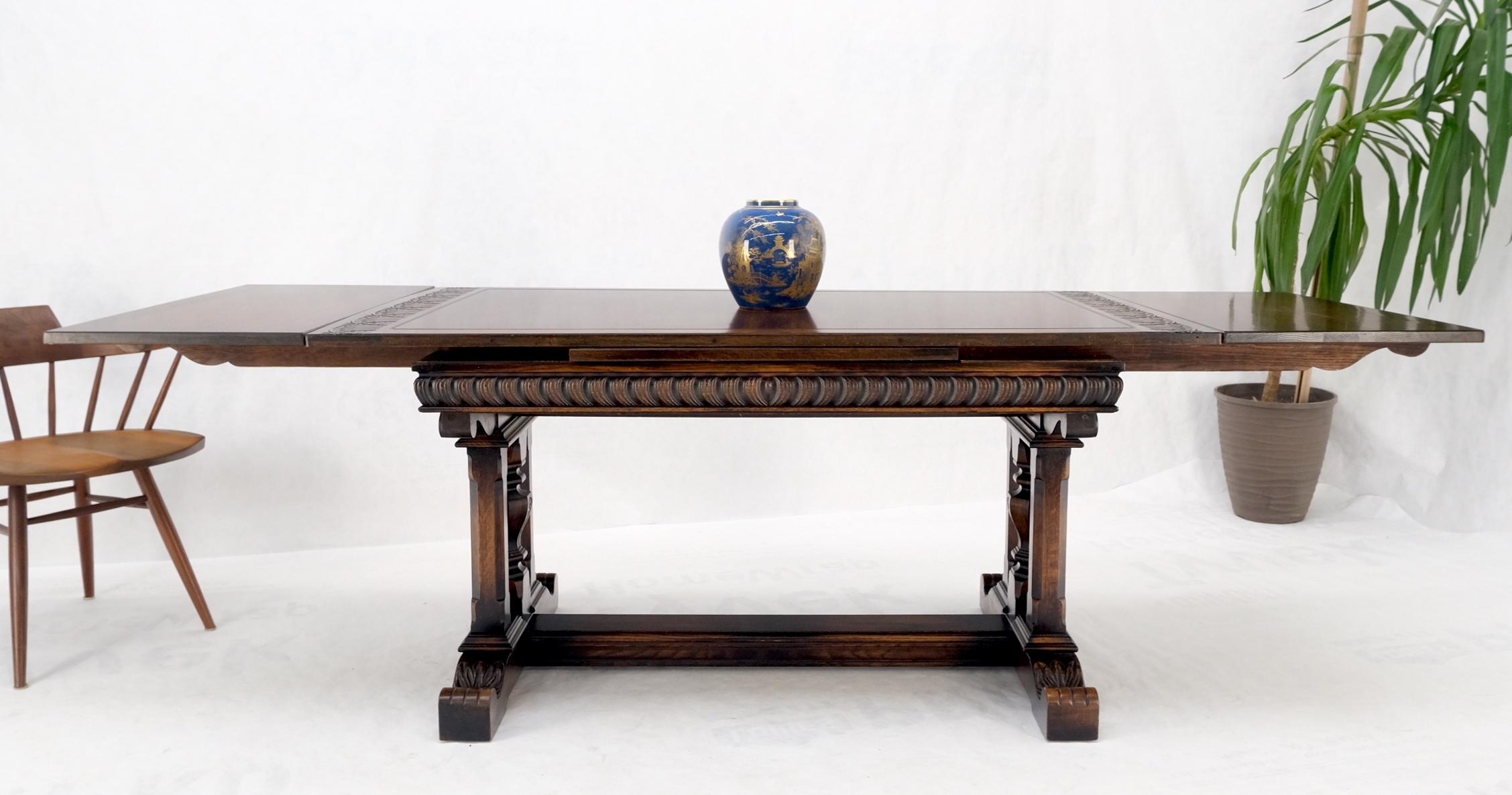 Carved Oak Jacobean Style Refectory Trestle Base Dining Farm Table MINT!
two leaves measuring 18 inches in width.