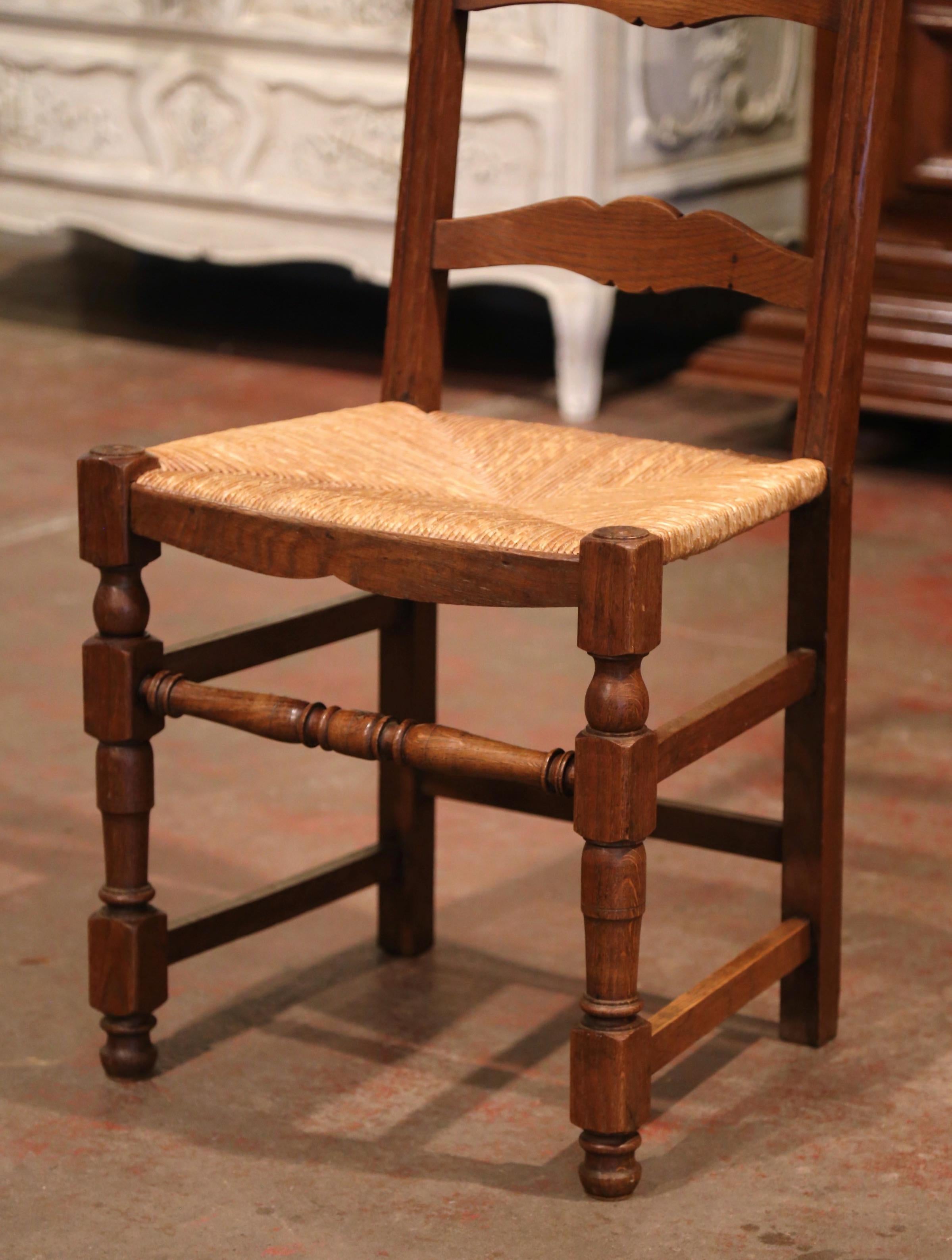 Carved Oak Ladder Back Country French Chairs with Rush Seat, Set of Eight In Excellent Condition In Dallas, TX