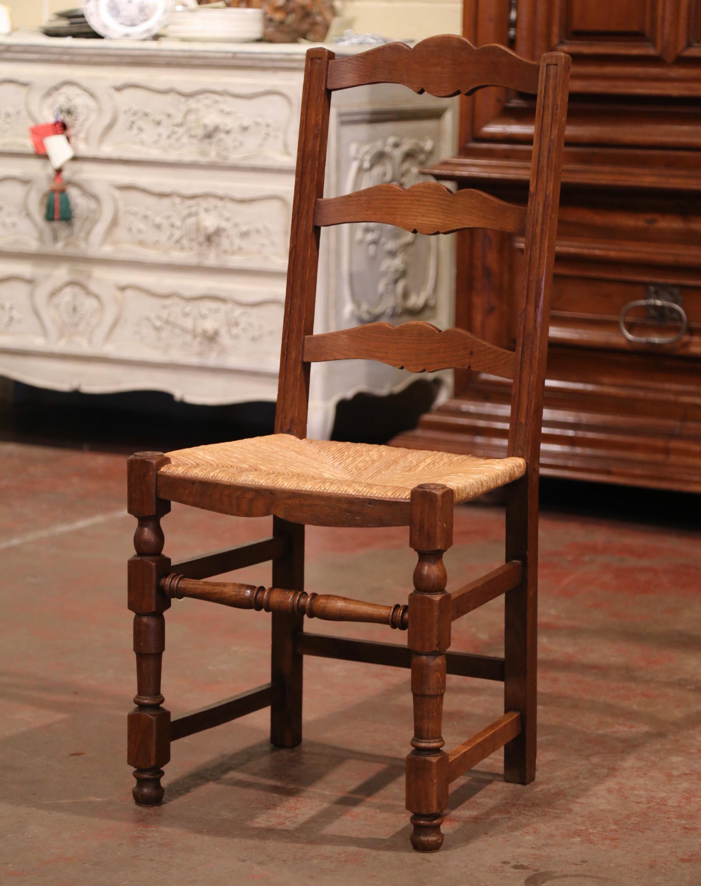 20th Century Carved Oak Ladder Back Country French Chairs with Rush Seat, Set of Eight